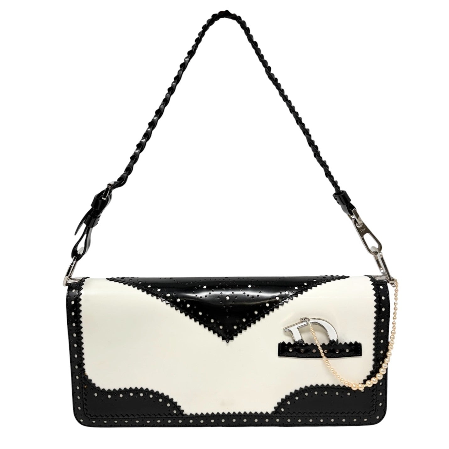 Christian Dior Vintage D'trick Pearl Bag White Black Leather Patent 902023