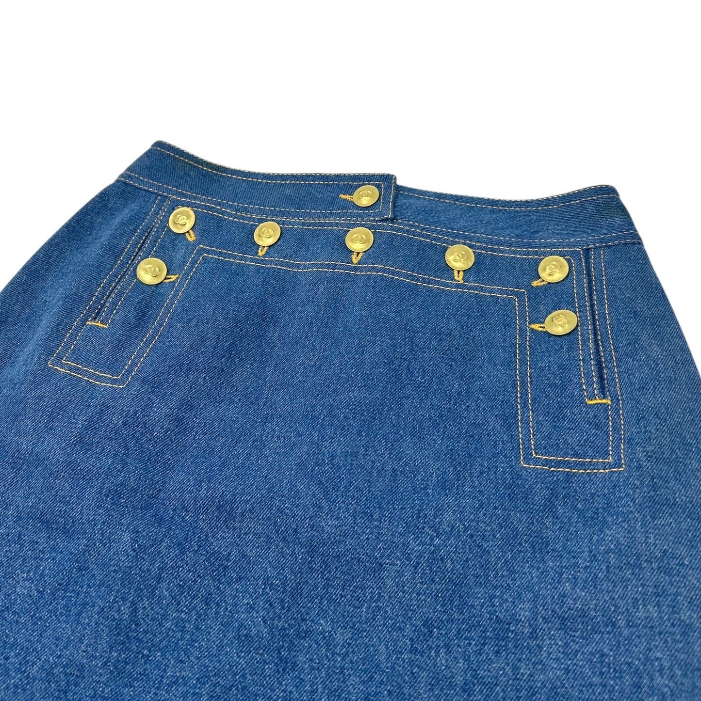 CHANEL Vintage P03207 CC Mark Logo Denim Skirt #36 Blue Gold Cotton Button