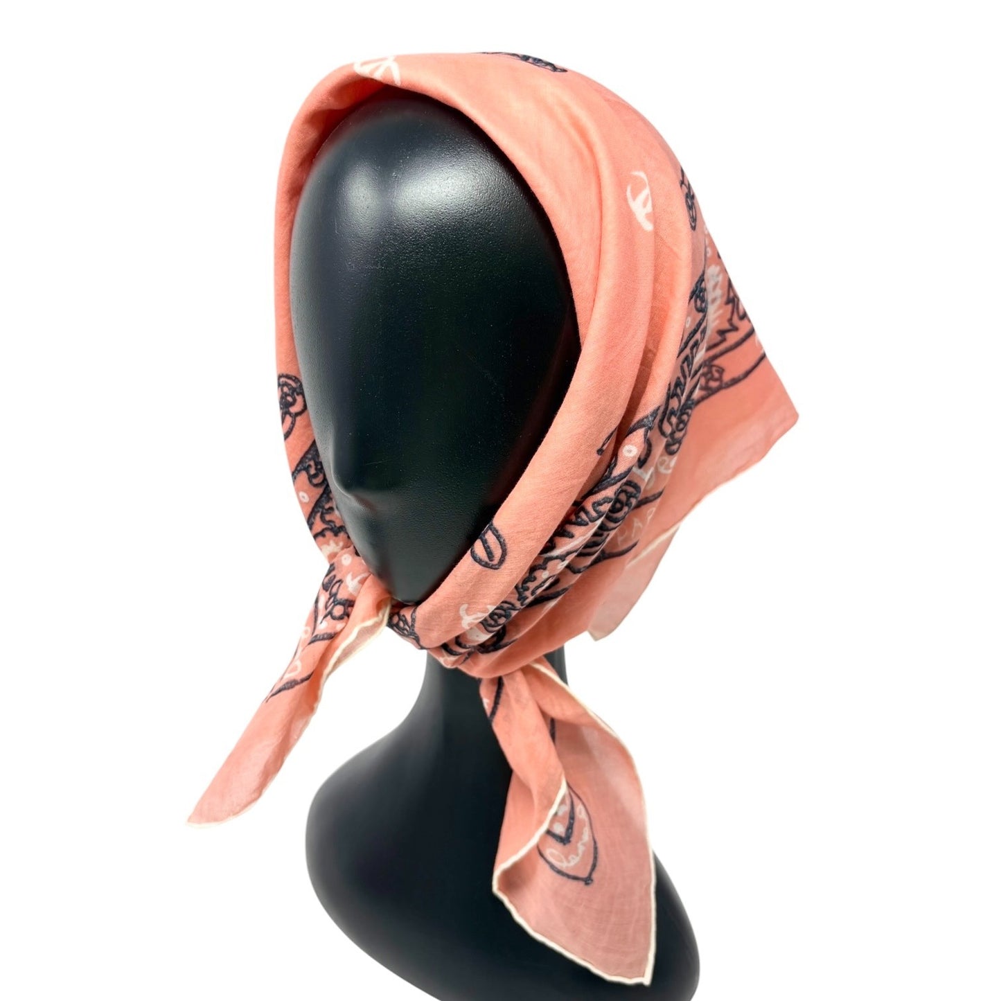 CHANEL Vintage CC Logo Paisely Print Scarf Salmon Pink Black Cotton 901810