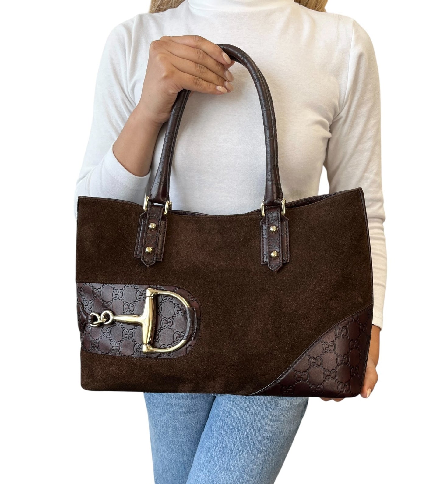 GUCCI Vintage GG Monogram Horsebit Suede Shoulder Bag Tote Brown Gold Leather