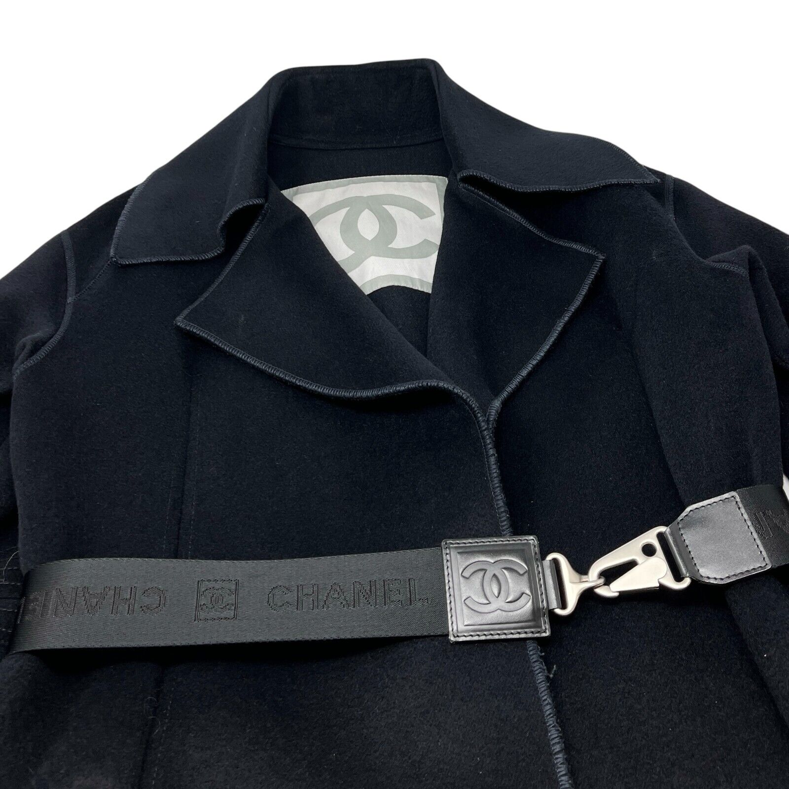 CHANEL Sport Vintage 04A CC Mark Logo Coat Jacket #36 Belt Black Silver Wool