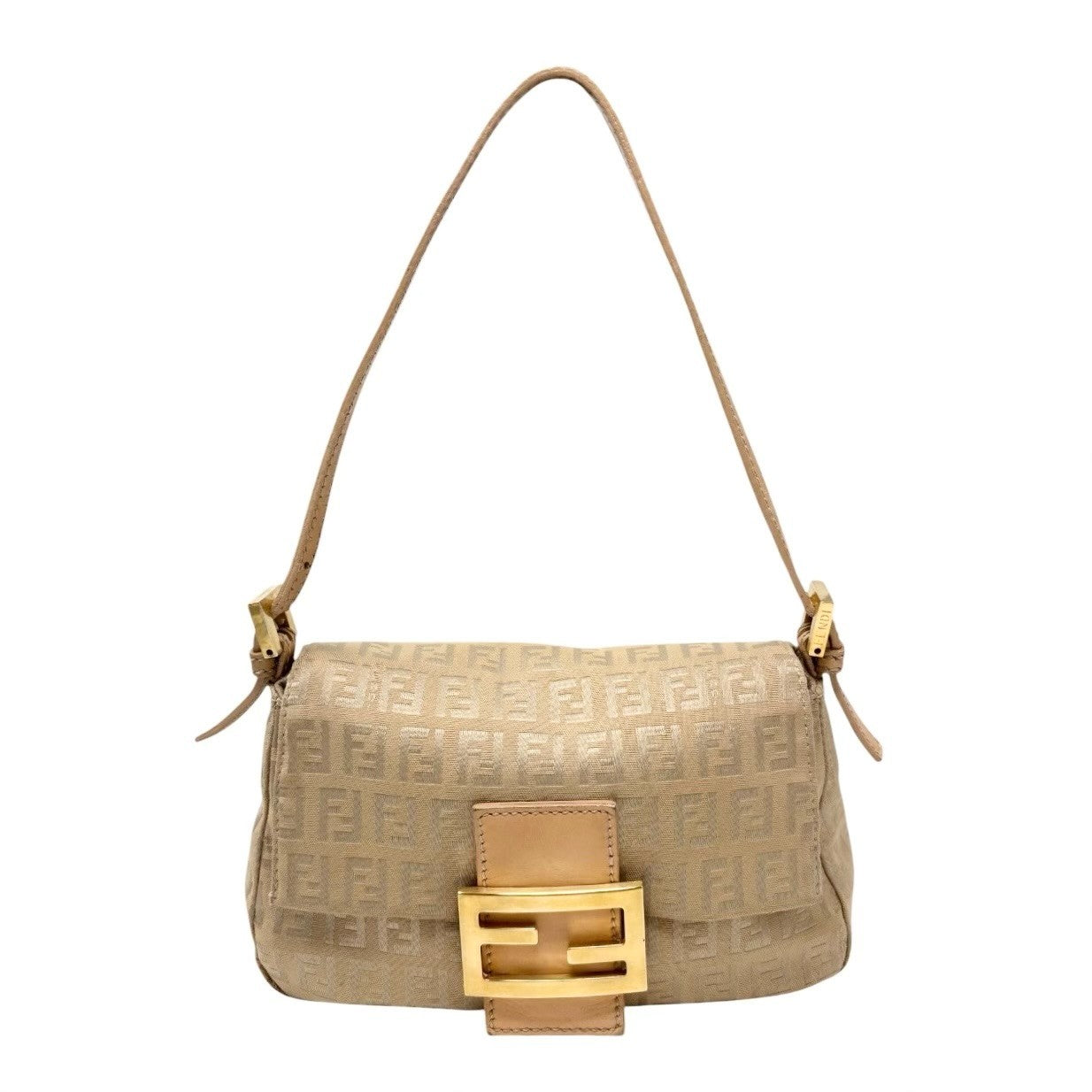 FENDI Vintage FF Logo Zucchino Mamma Baguette Shoulder Bag Beige Gold