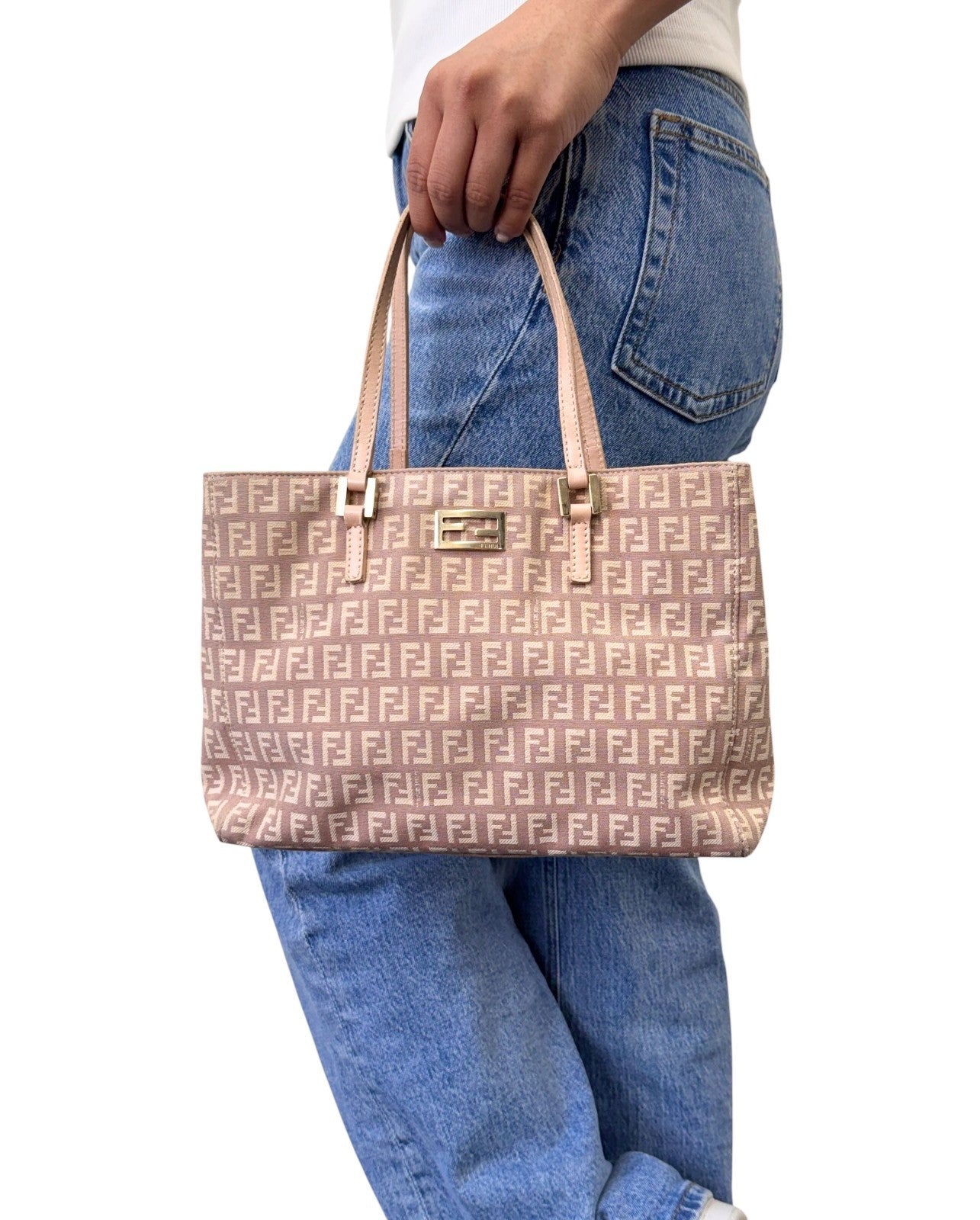 FENDI Vintage FF Logo Zucchino Monogram Tote Hand Bag Pink Beige 902445