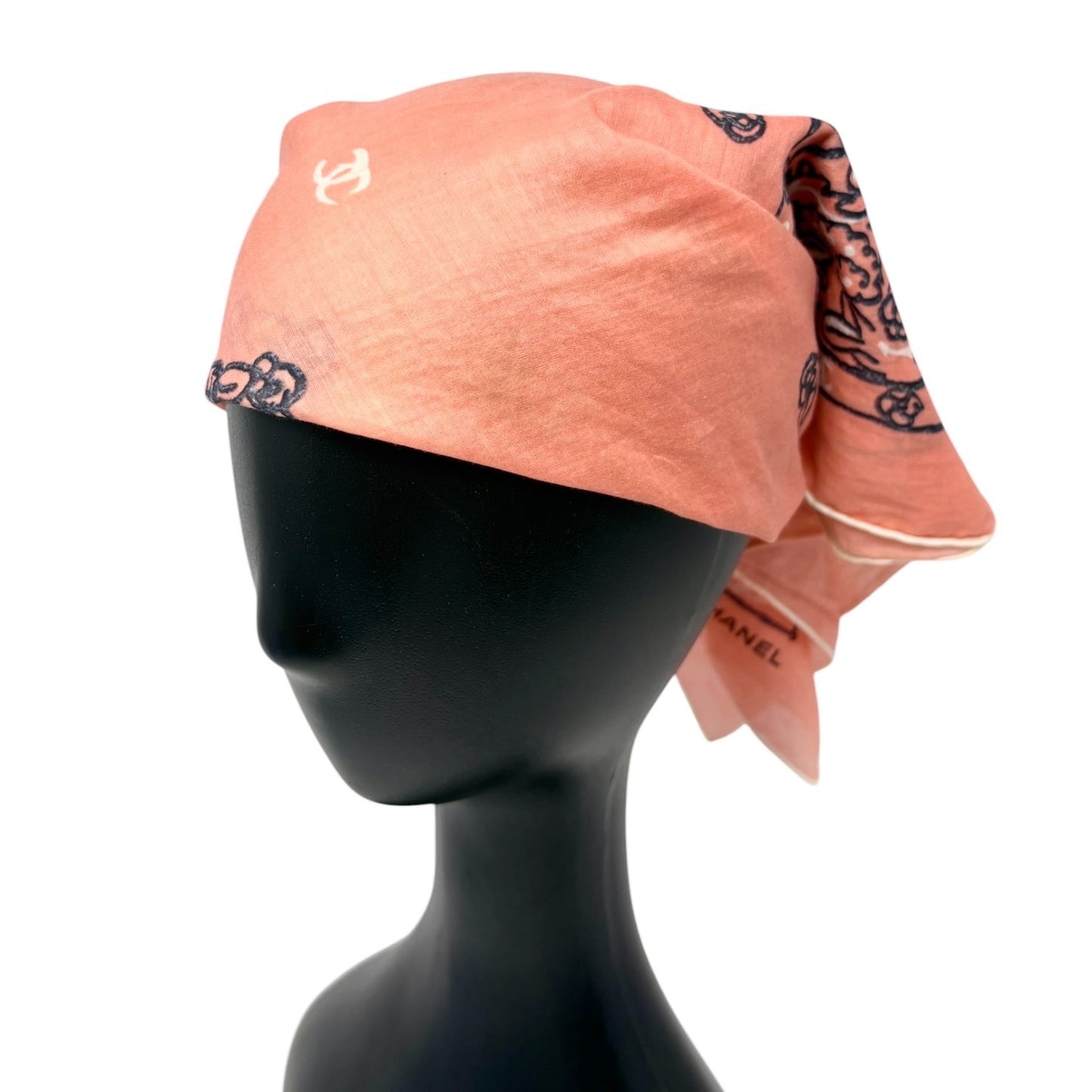 CHANEL Vintage CC Logo Paisely Print Scarf Salmon Pink Black Cotton 901810