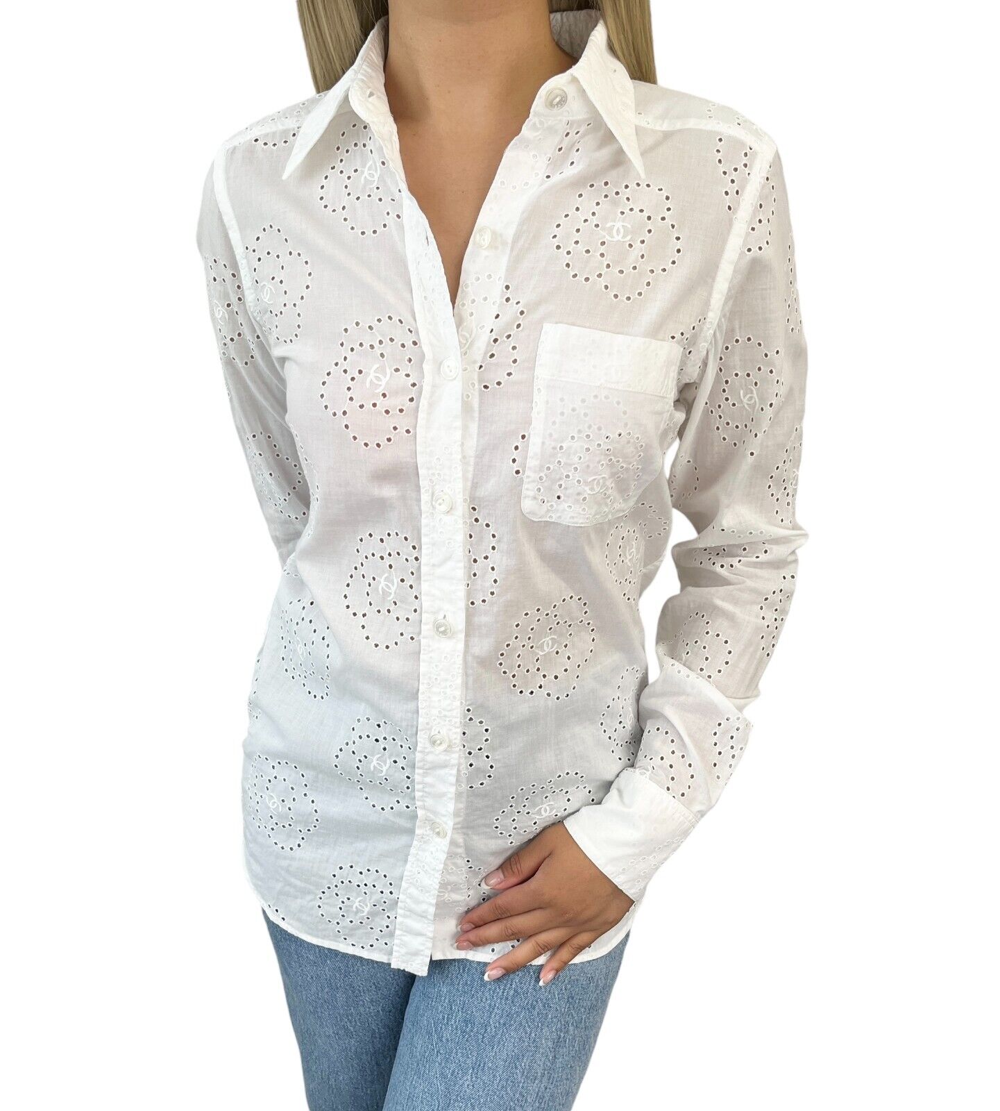 CHANEL Vintage 08P CC Mark Camellia Blouse Shirt #36 Top White Cotton Rank AB