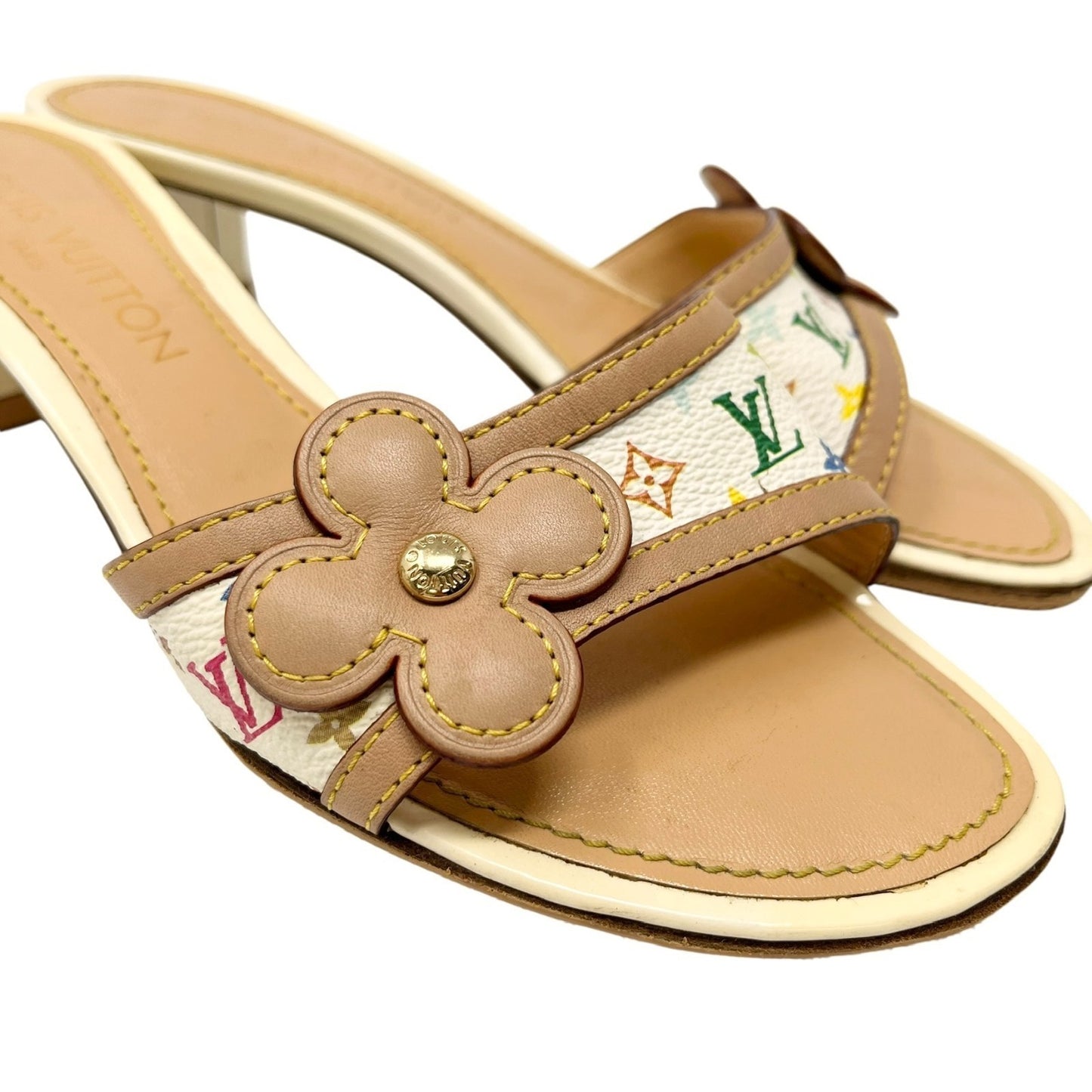 LOUIS VUITTON Vintage LV Multicolor Monogram Sandals Heels #36.5 White Beige