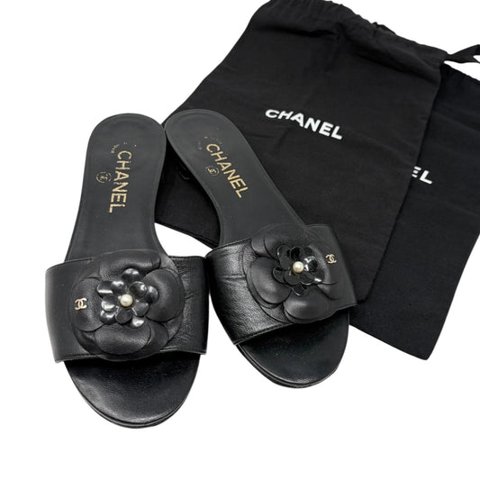 CHANEL Vintage CC Logo Camellia Leather Flat Slide Sandals #36.5 Black