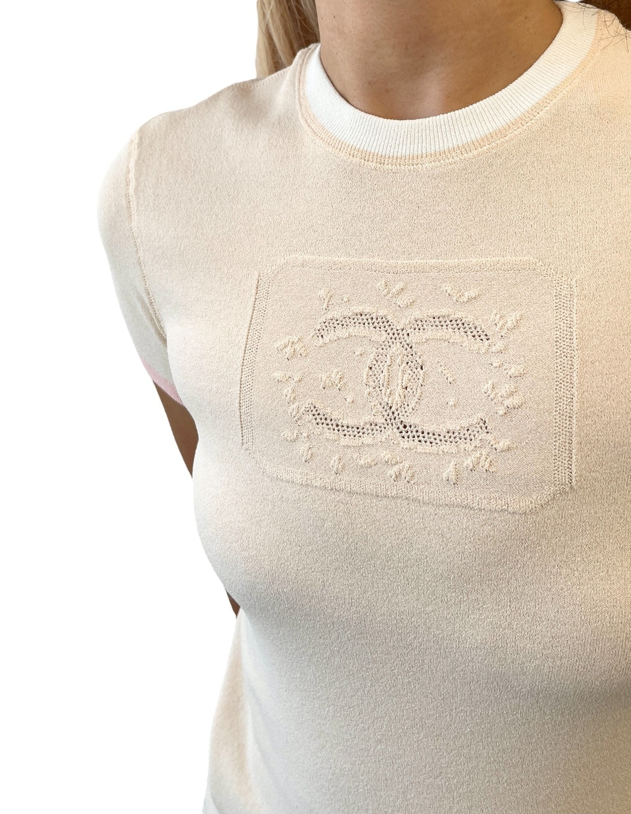 CHANEL Vintage 04C CC Mark Logo Bicolor T-shirt #38 Beige Pink White Rayon