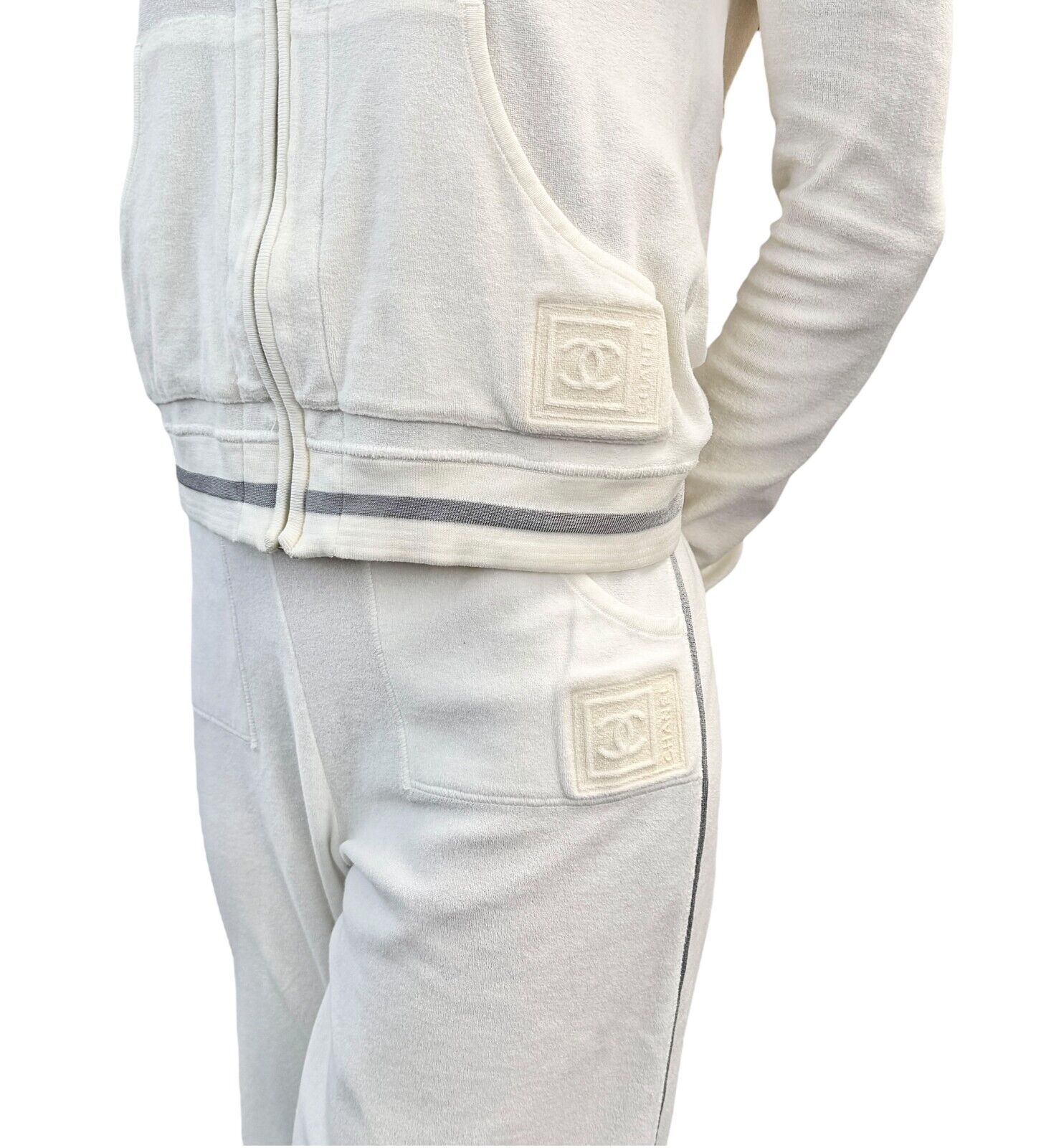 CHANEL Sport Vintage 06C CC Logo Hoodie Pants Set Up #36 White Cotton Zip