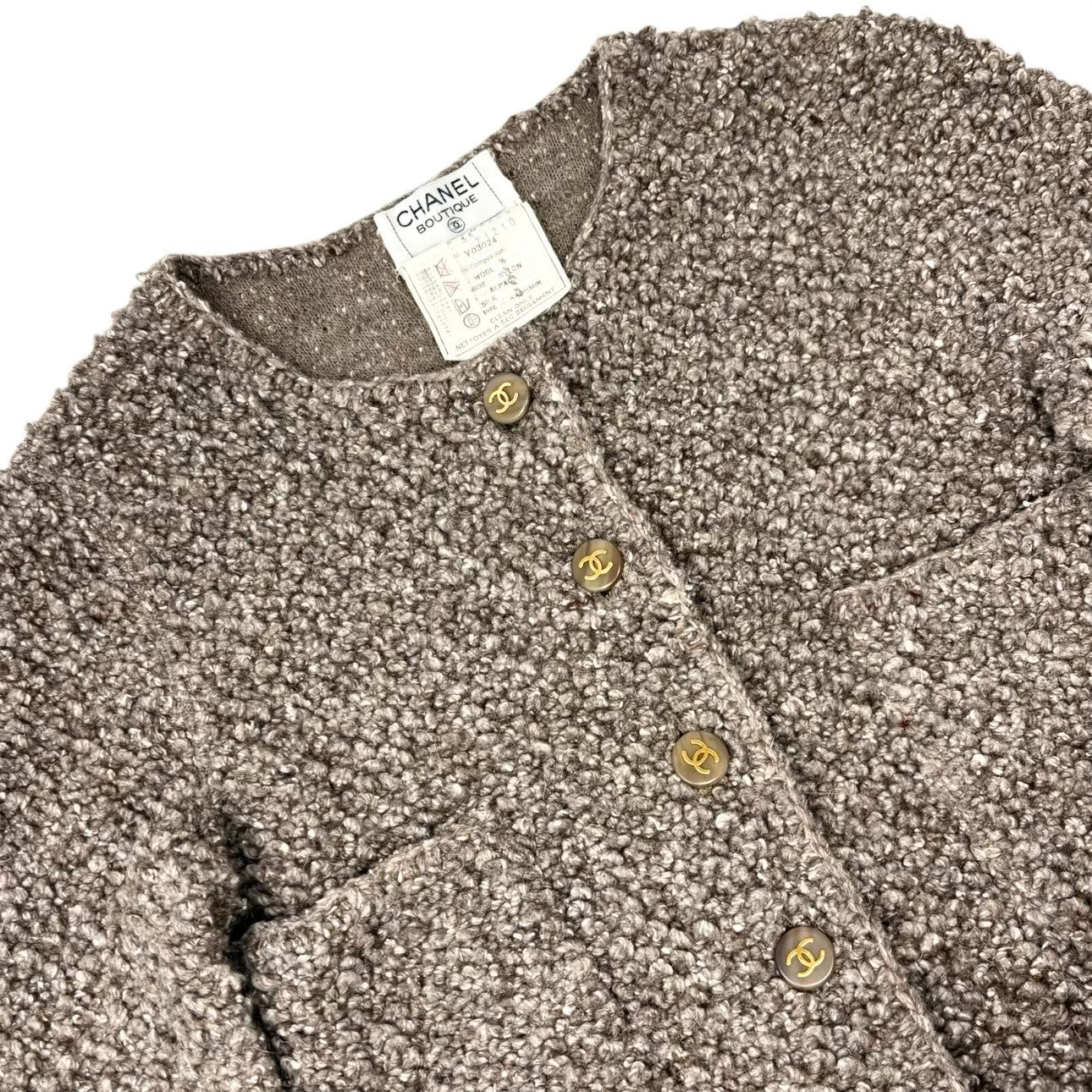 CHANEL Vintage 93A CC Logo Button Long Knit Cardigan Sweater #36 Beige Gray