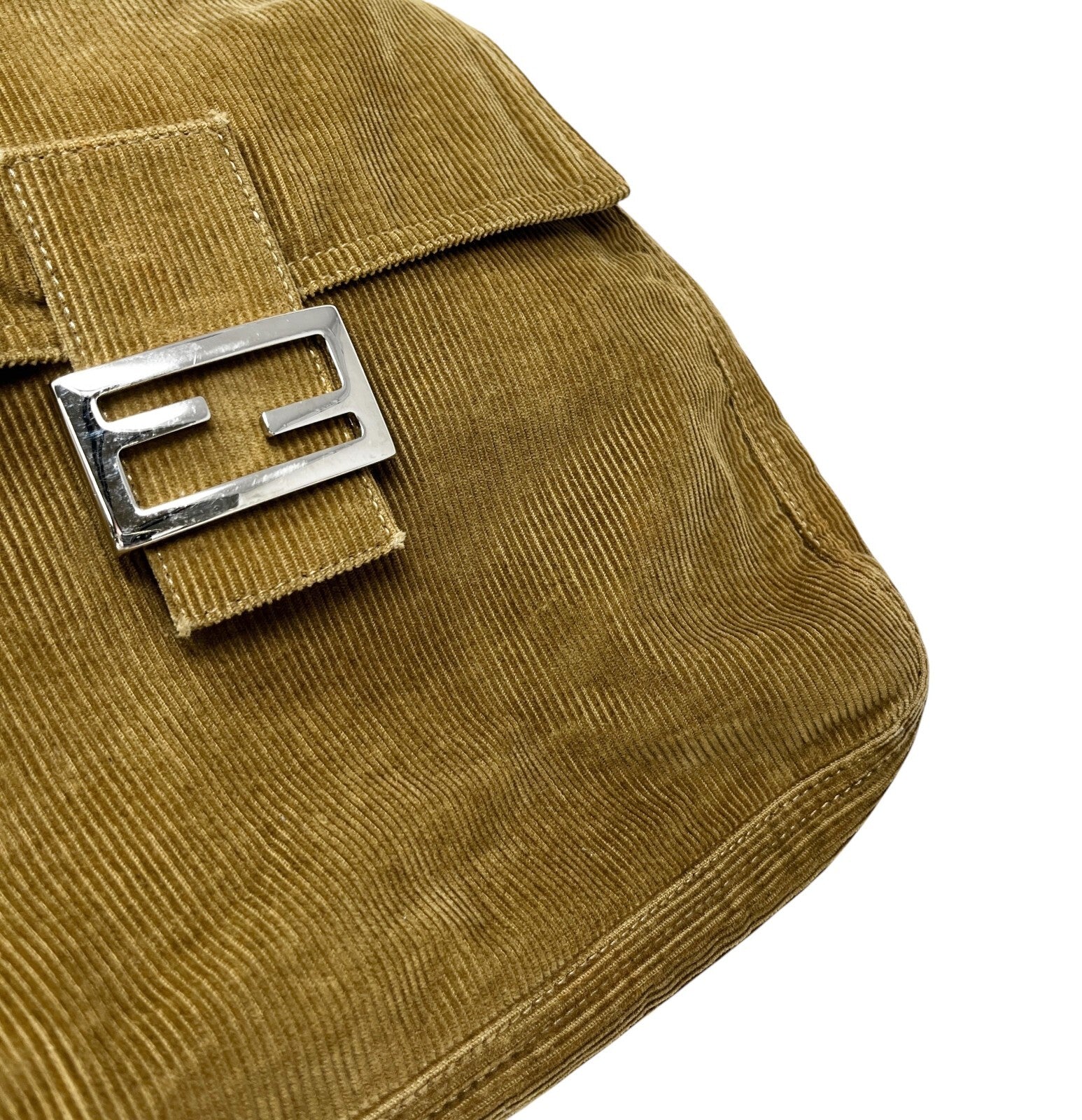 FENDI Vintage FF Logo Mamma Baguette Shoulder Bag Corduroy Brown Silver Cotton