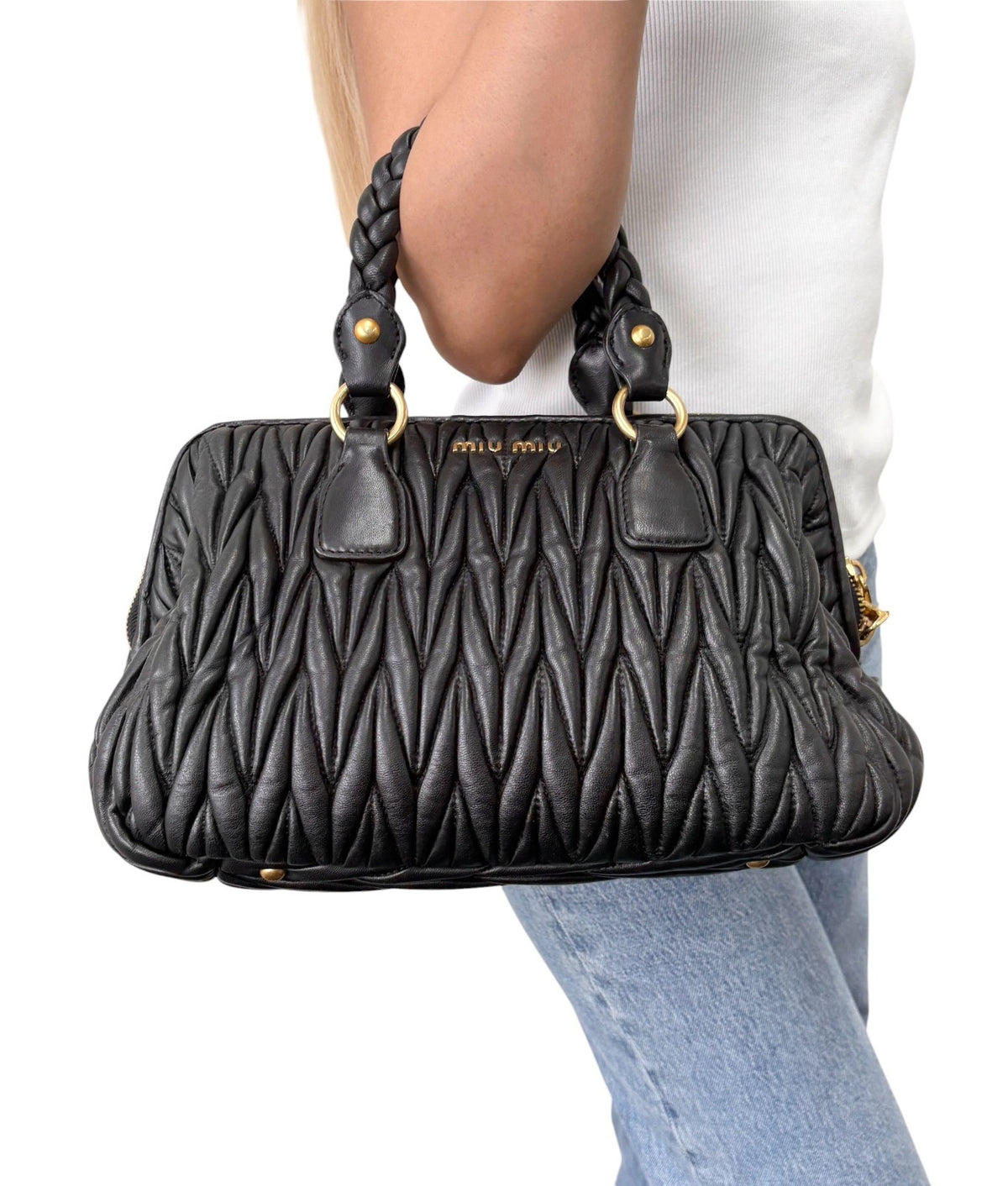 Miu Miu Vintage Quilted Tote Top Handle Bag Black Gold Leather Zip 902310