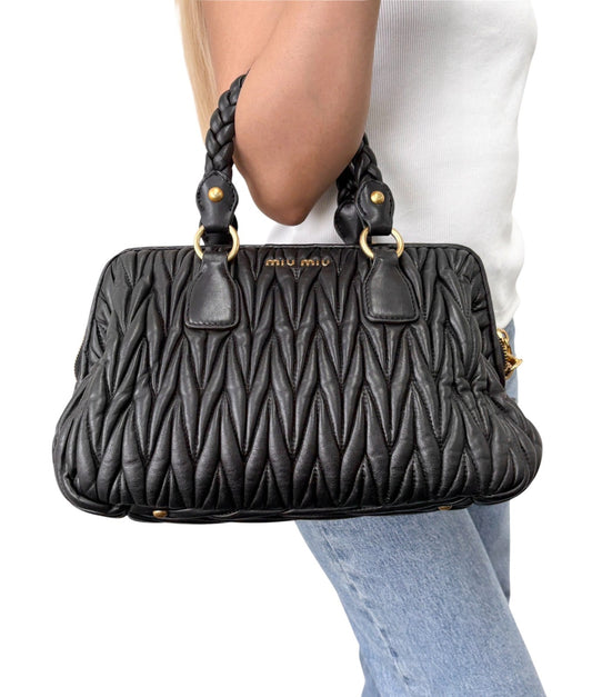 Miu Miu Vintage Quilted Tote Top Handle Bag Black Gold Leather Zip 902310