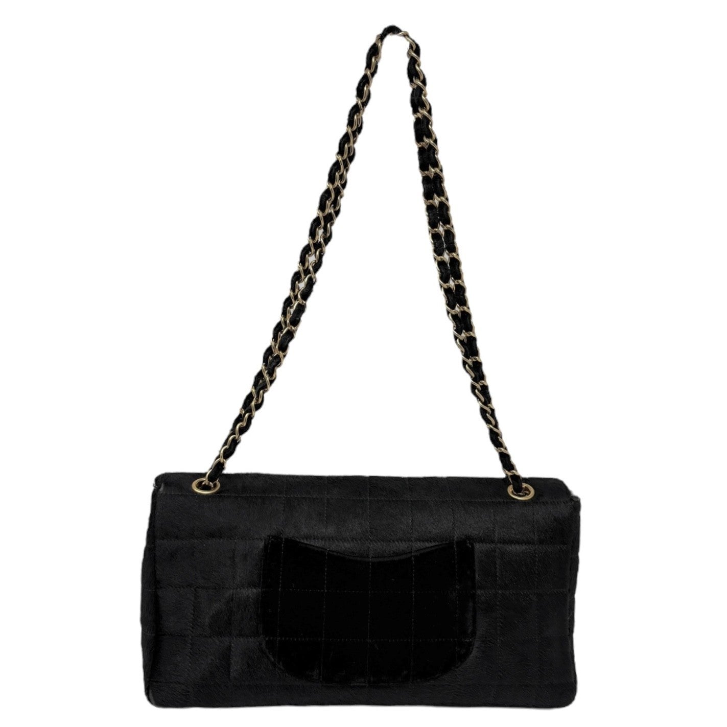 CHANEL Vintage CC Chocolate Bar Flap Pony Calf Hair Shoulder Bag Black Gold