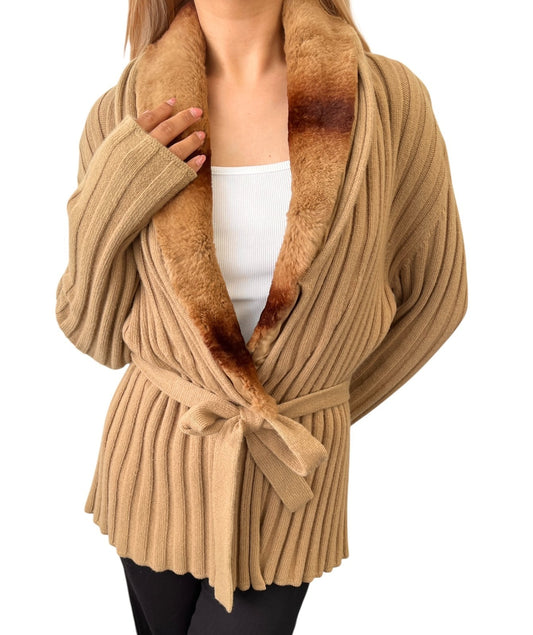 FENDI Vintage Fur Knit Rib Cardigan Jacket #46 Belt Beige Brown Wool