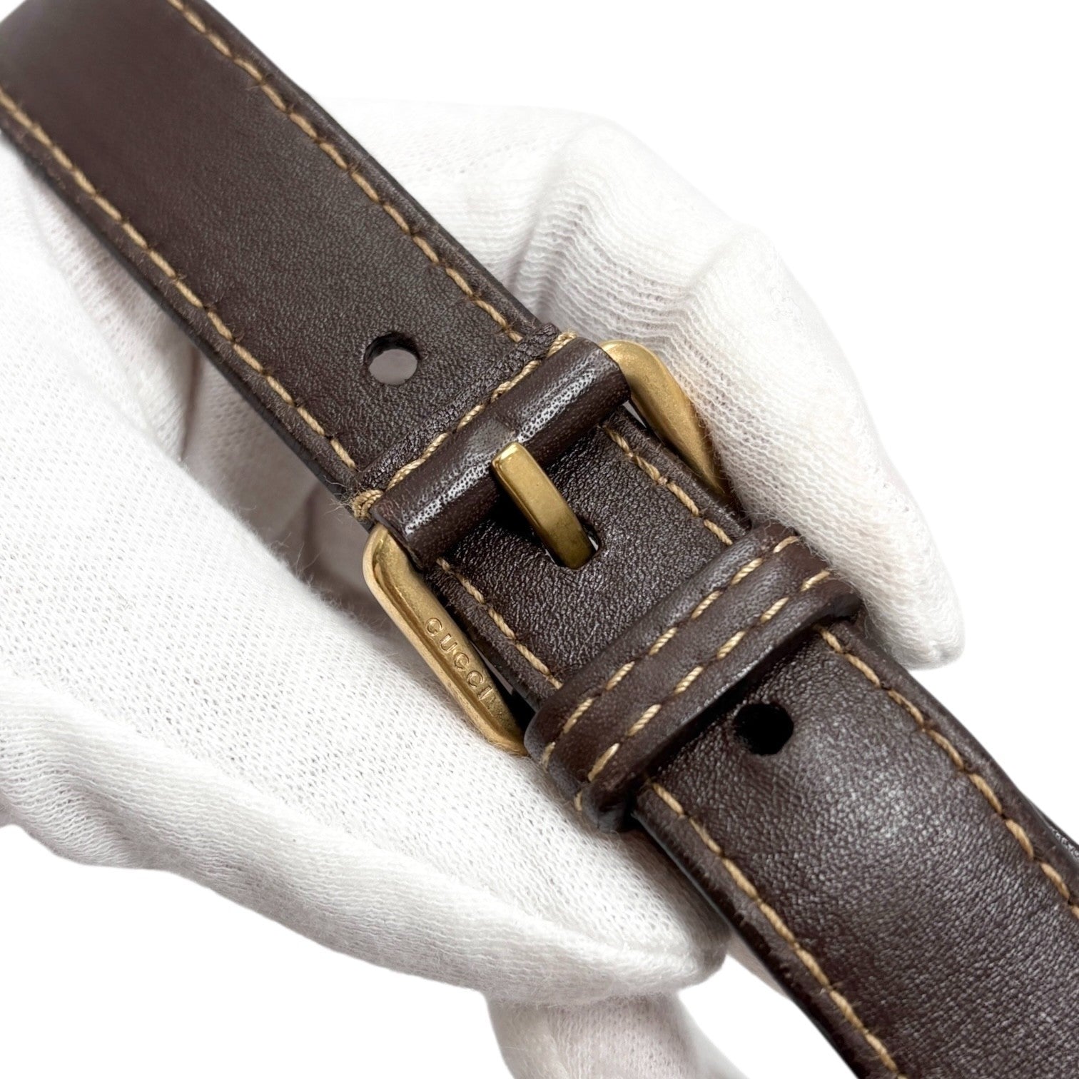 GUCCI Vintage GG Monogram Crossbody Bag Brown Gold Suede Canvas Studs Nailhead