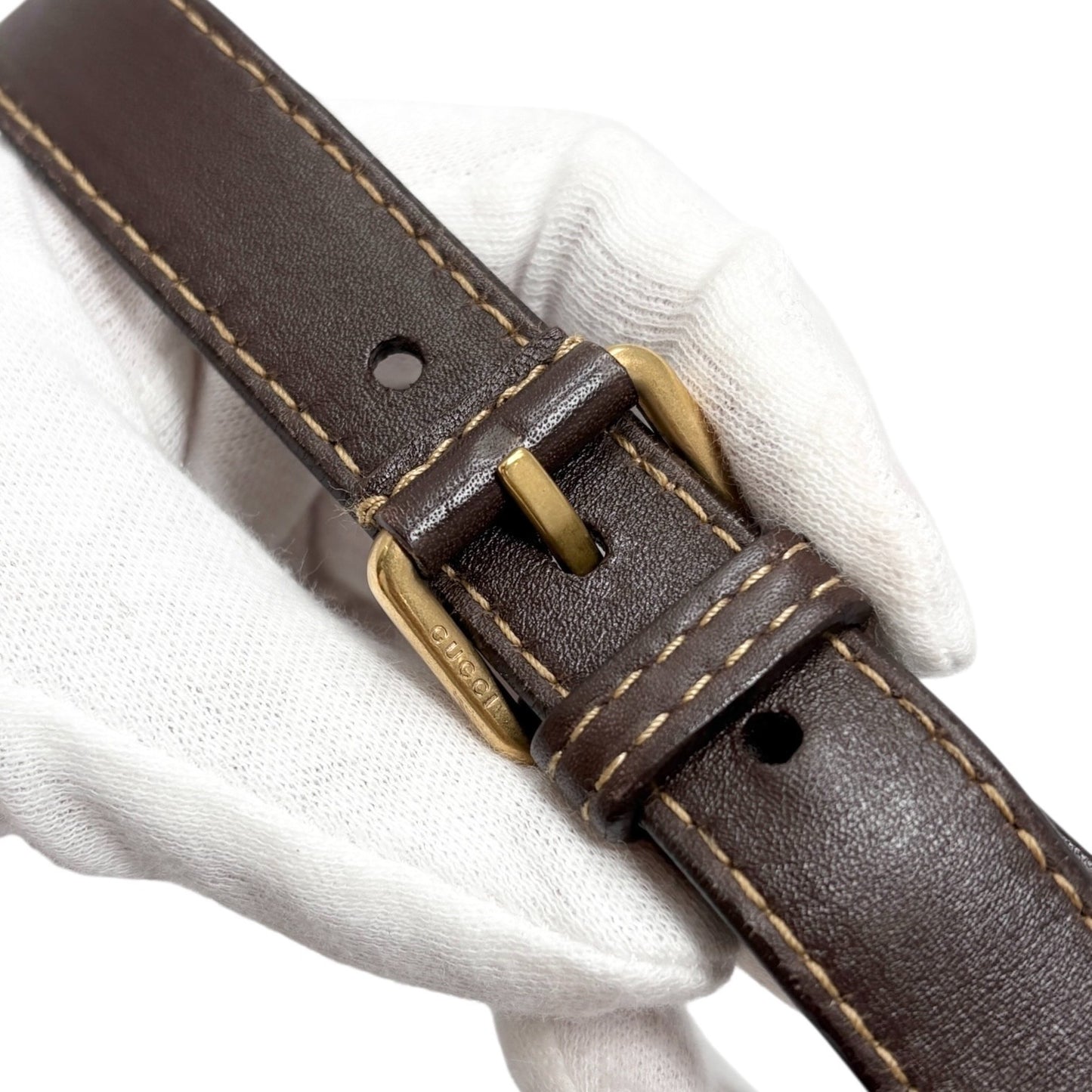 GUCCI Vintage GG Monogram Crossbody Bag Brown Gold Suede Canvas Studs Nailhead
