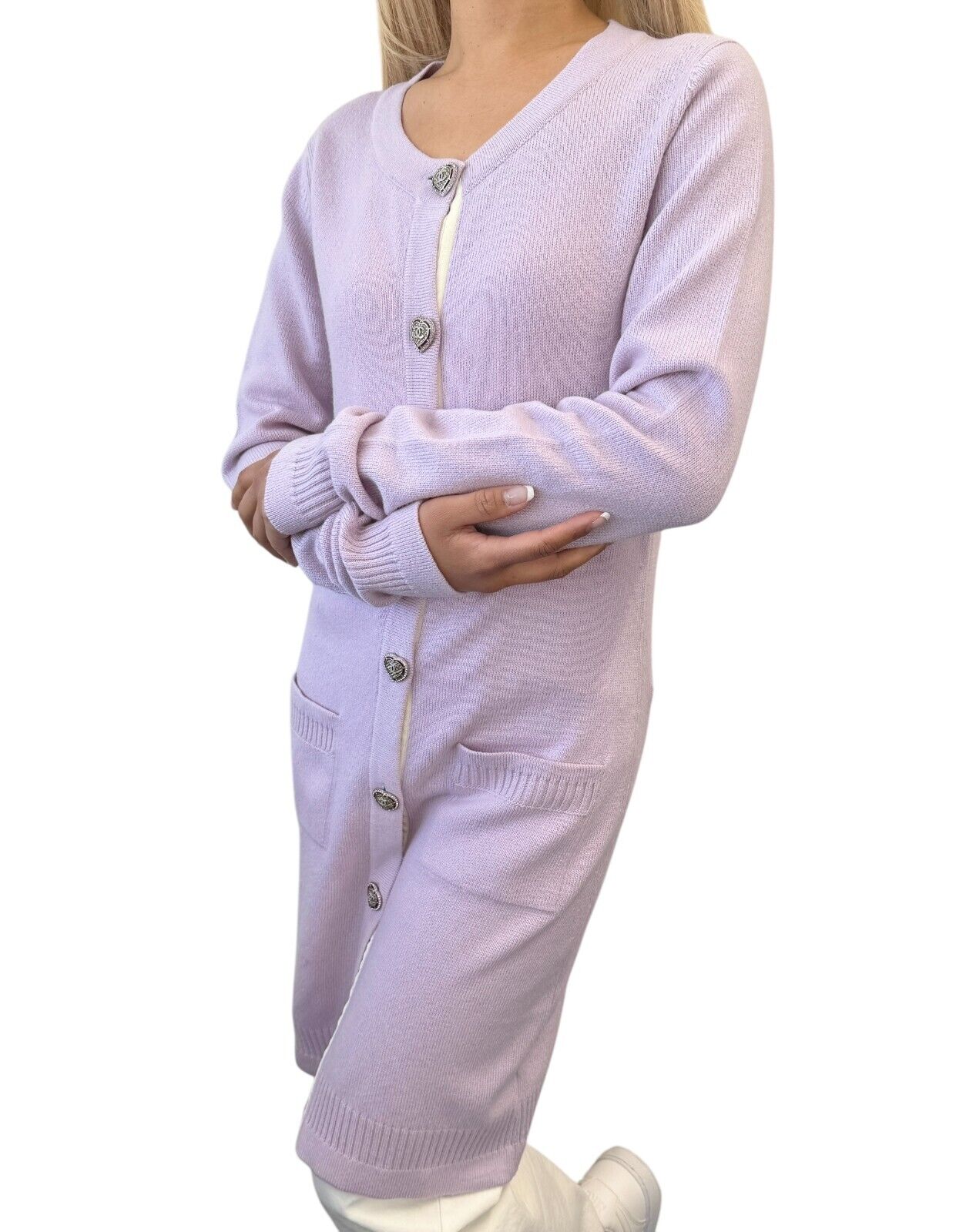 CHANEL Vintage 09C CC Logo Long Knit Cardigan #36 Rhinestone Cashmere Purple