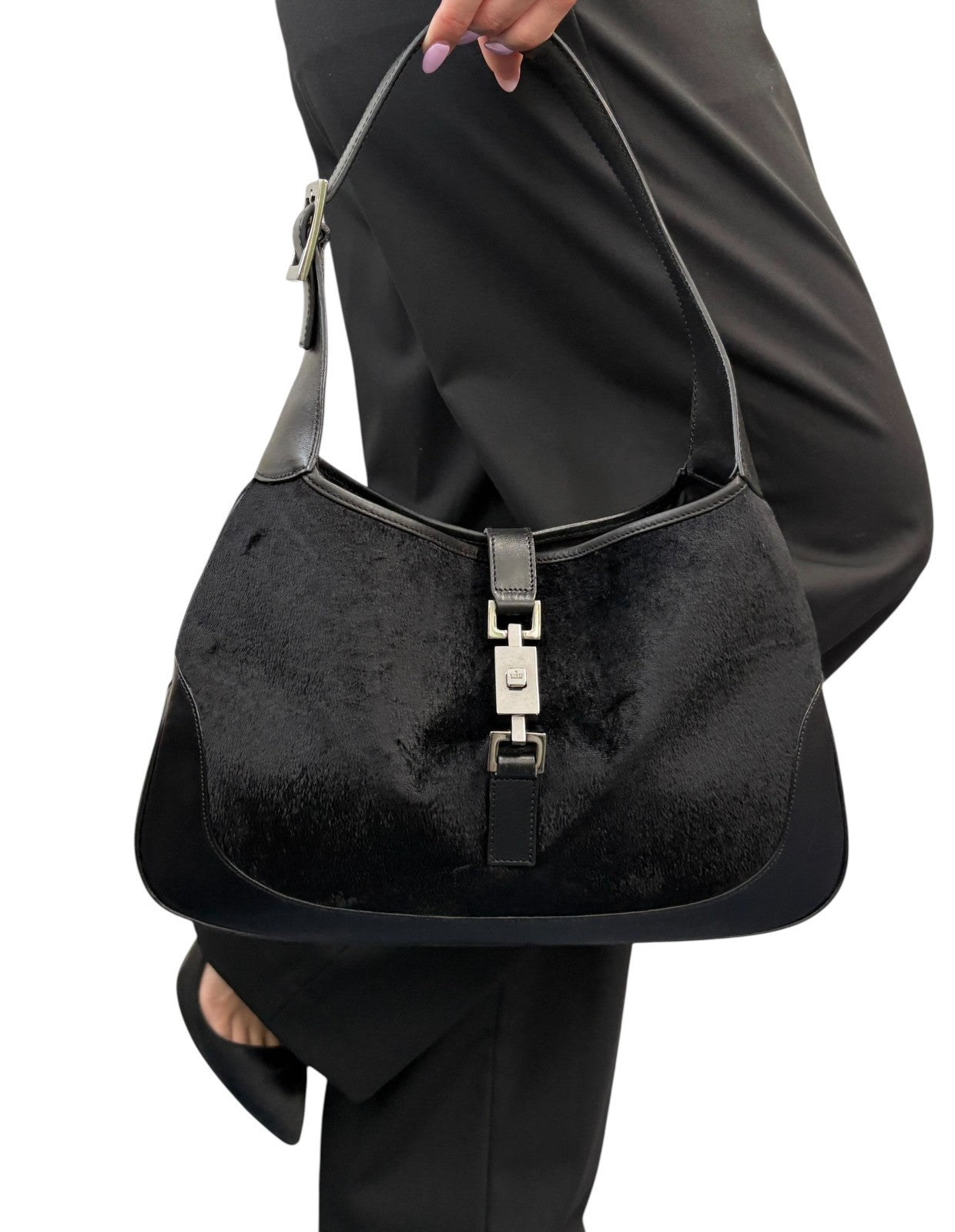 GUCCI Vintage Jackie Logo Velvet Hobo Shoulder Bag Handbag Black Silver Leather