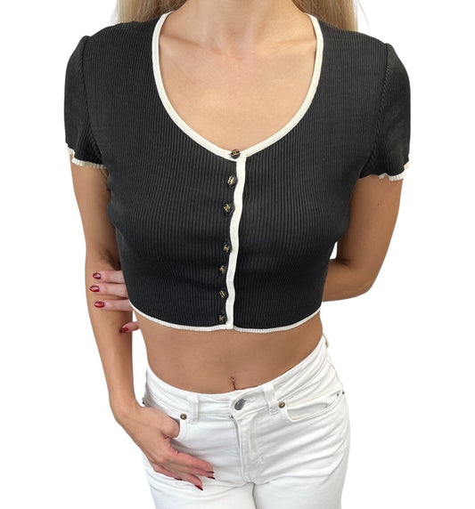 CHANEL Vintage 95P CC Logo Button Knit Cropped Ribbed T-shirt Top #42 Black