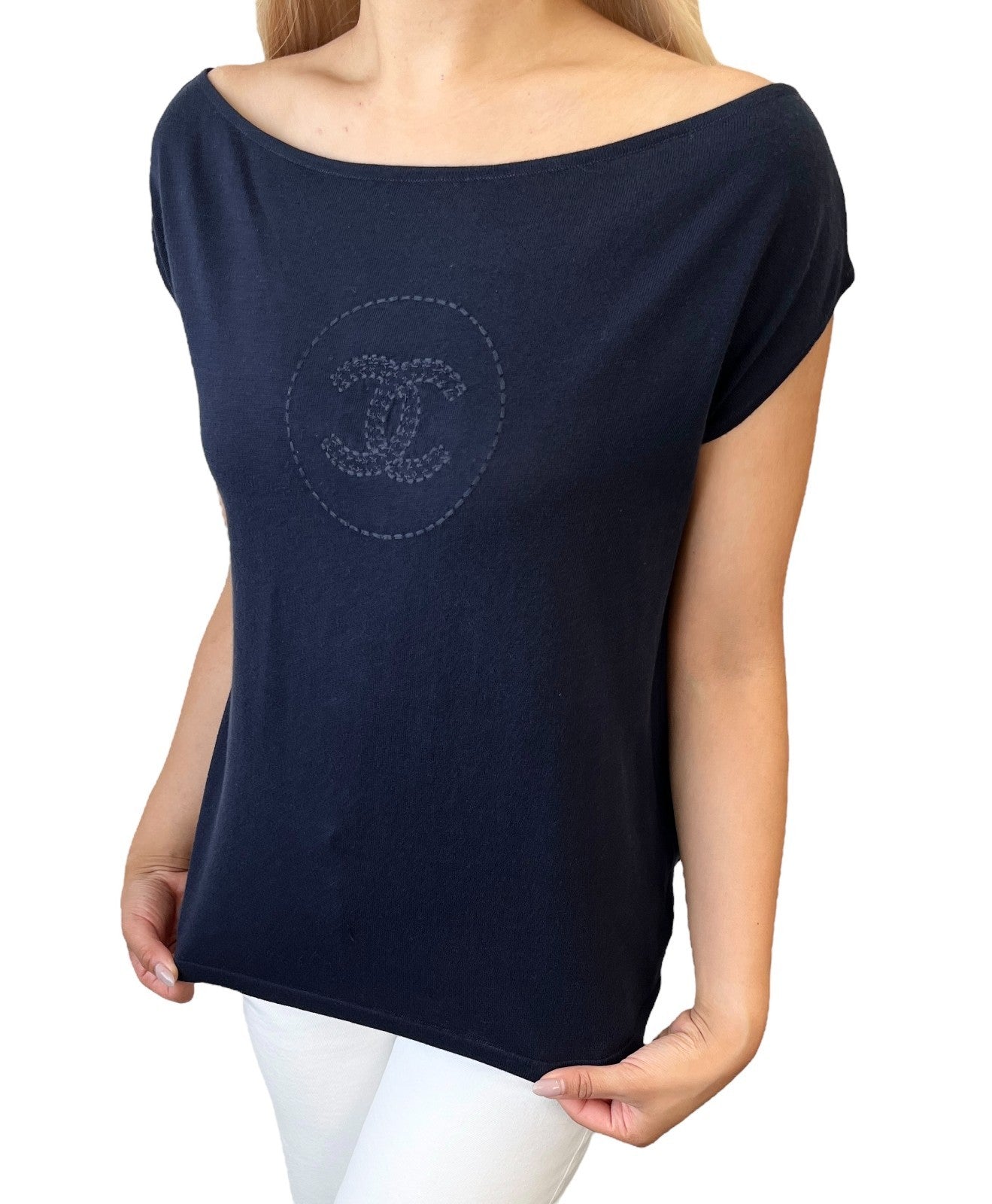 CHANEL Vintage 07P CC Mark Logo Summer Knit Top #36 Sleeveless Stitch Dark Blue