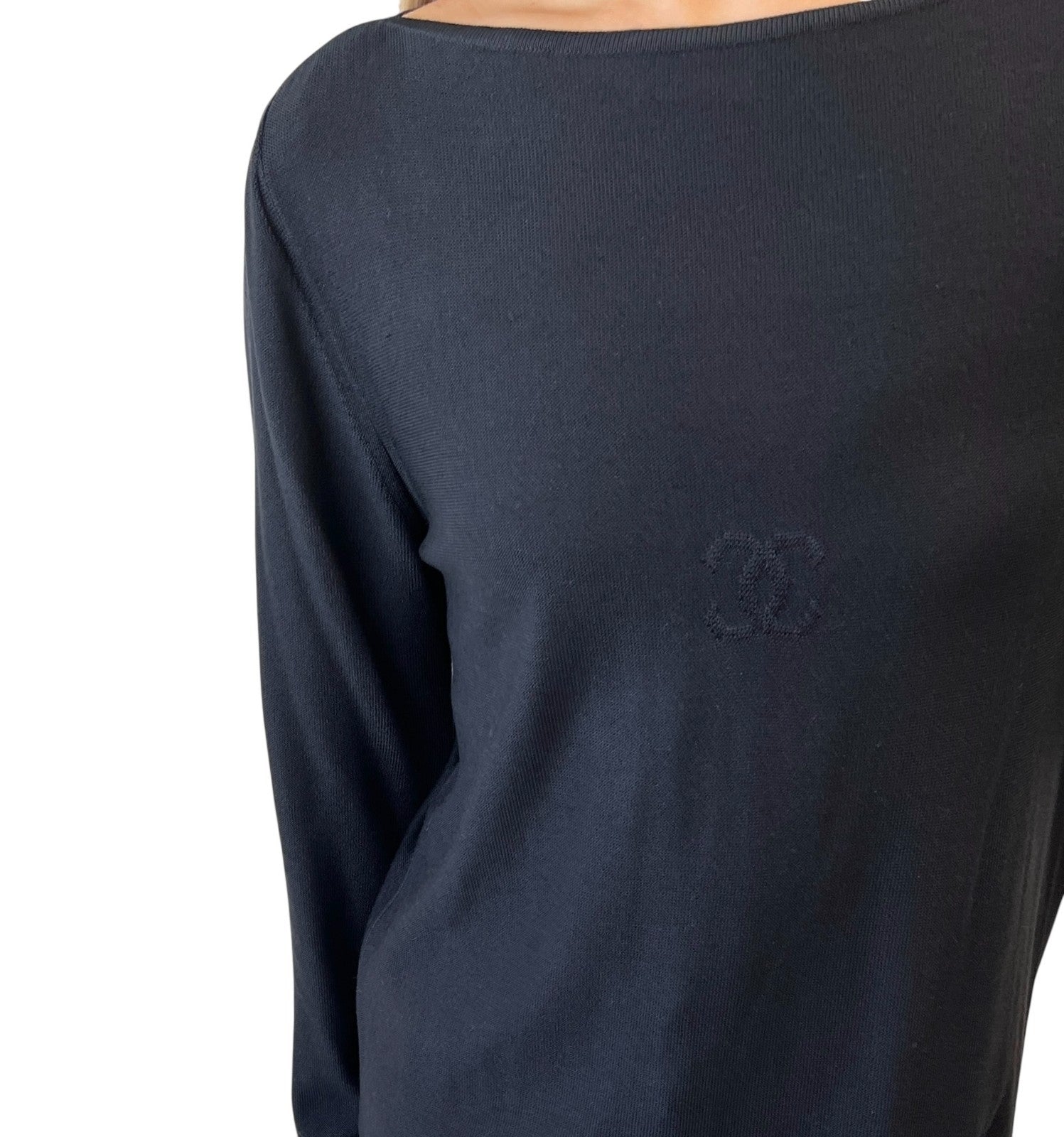CHANEL Vintage 98P CC Mark Logo Silk Knit Long-sleeve Top #38 Black T-shirt
