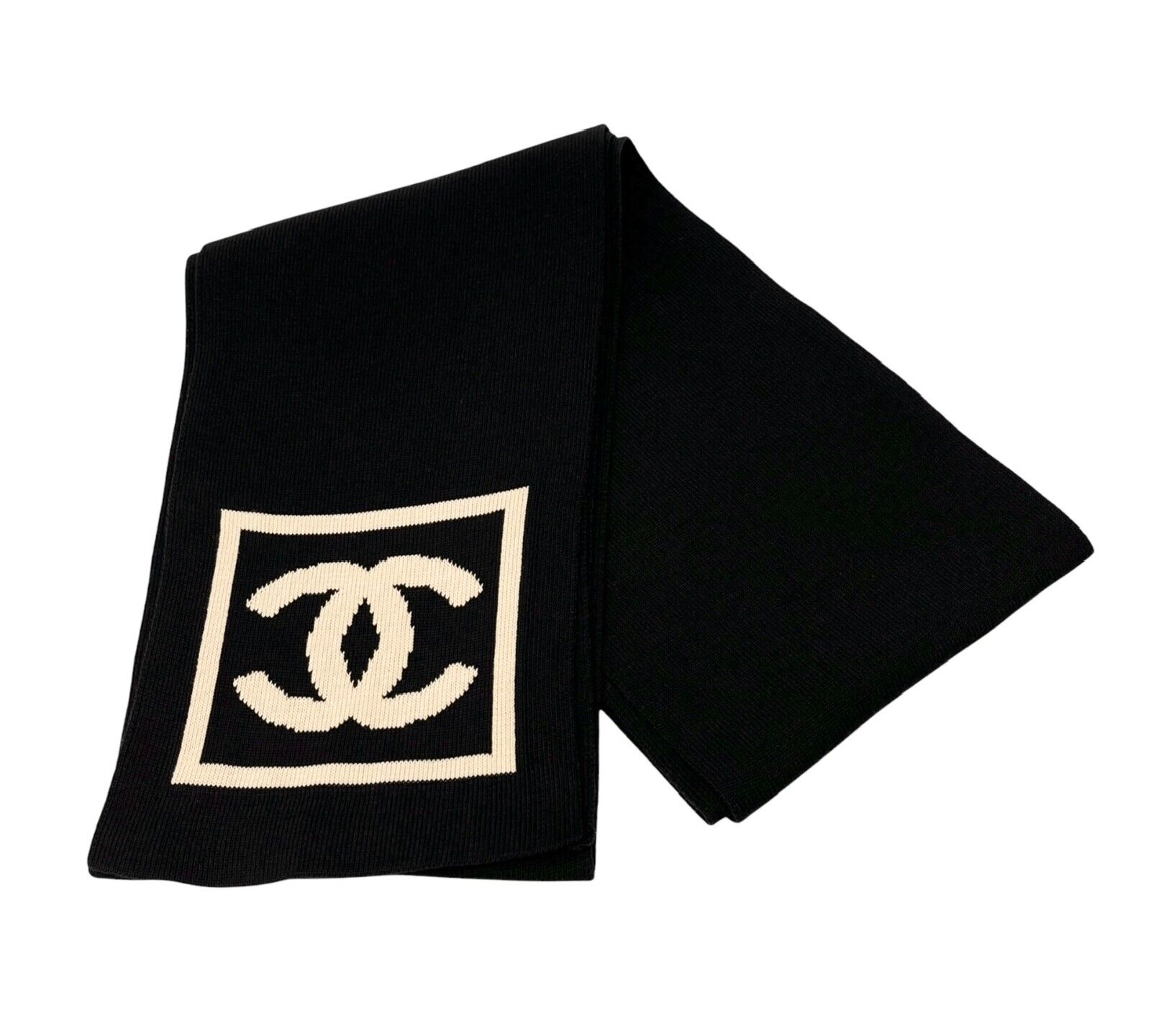 CHANEL Sport Vintage 03A CC Mark Logo Knit Scarf Shawl Black Beige Cotton
