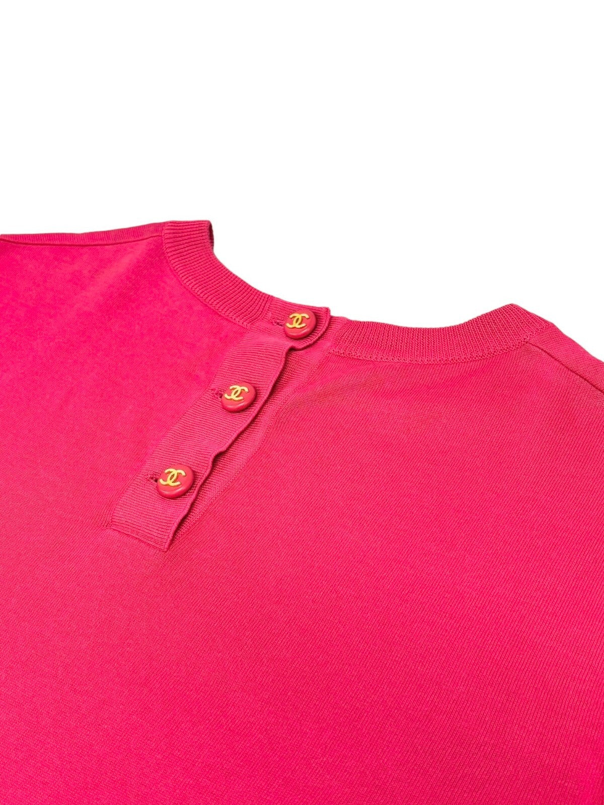 CHANEL Vintage CC Logo Button Knit Top #40 Short Sleeve Pink Rank AB