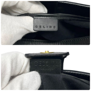 CELINE Vintage Logo Shoulder Bag Black Gold Leather Magnetic Rank AB