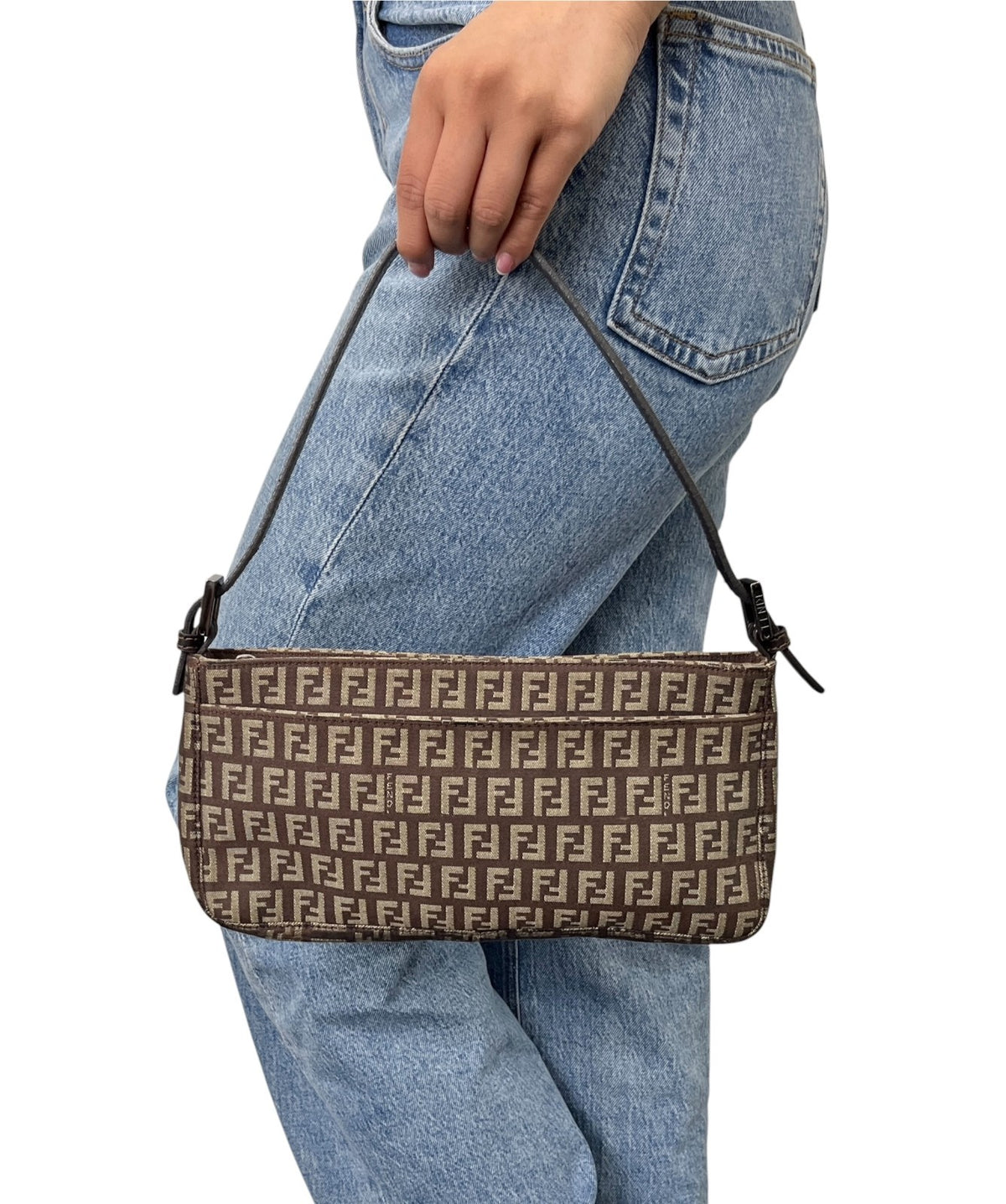 FENDI Vintage Logo Zucchino Shoulder Bag Pochette Brown Canvas Pocket 902351