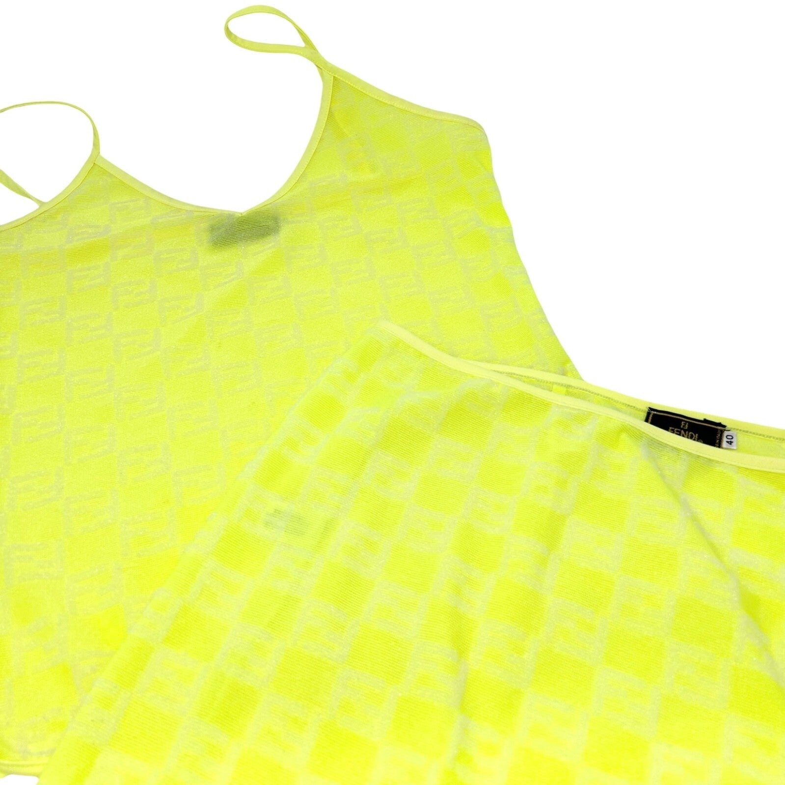 FENDI Vintage Zucchino FF Logo Camisole Skirt Set #42 #40 Yellow Nylon Rank AB+