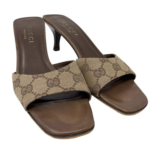 GUCCI Vintage GG Monogram Mules Sandals Heels #36.5 Beige Brown Canvas 902564