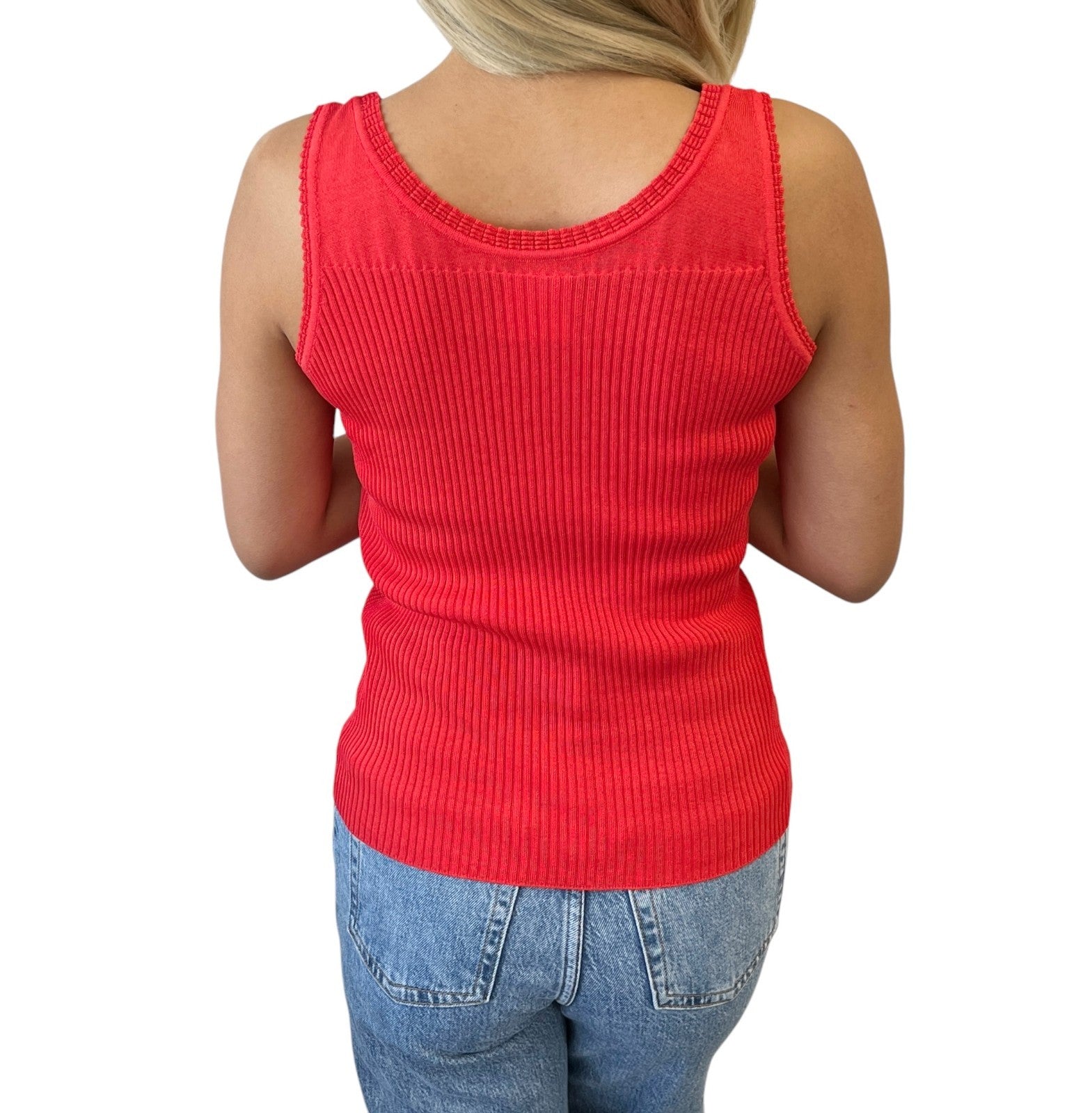 CHANEL Vintage P37822 See-through CC Logo Rib Knit Tank Top Red Cotton Silk