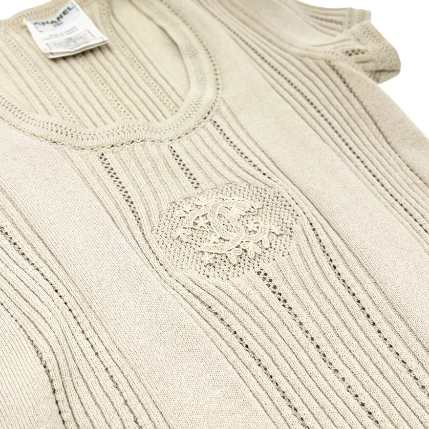 CHANEL Vintage 03P CC Mark Logo Knit T-shirt Top #36 Beige Cotton Polyester