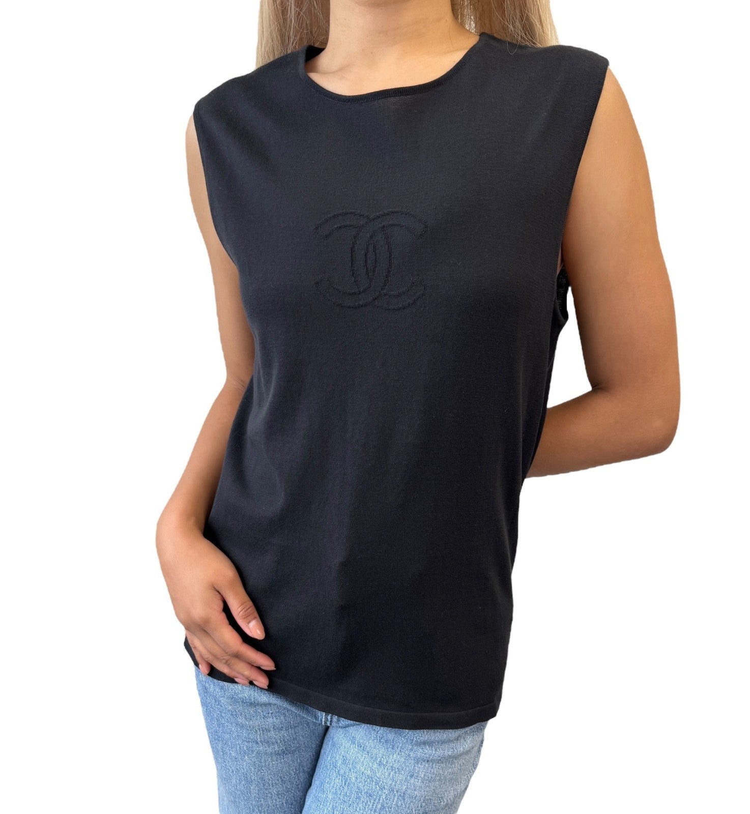 CHANEL Vintage 05C CC Logo T-shirt Knit Tank Top #42 Black Cotton Stitch