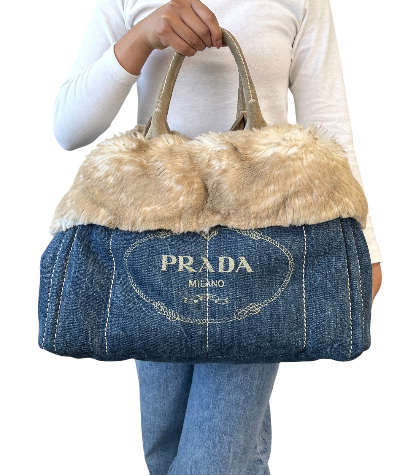PRADA Vintage Canapa Big Logo Denim Tote Bag Blue Cream Suede Stitch