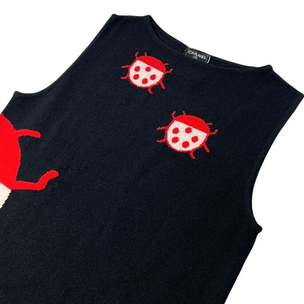 CHANEL Vintage 04P CC Mark Logo Ladybugs Knit Tank Top #38 Black Red Rayon