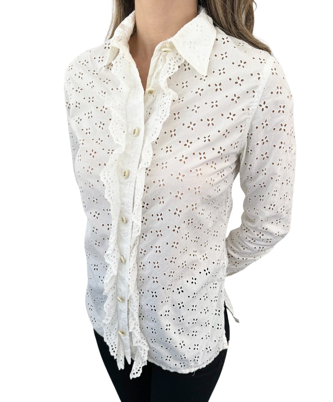 CHANEL Vintage CC Punching Shirt Top Frill Button Up Blouse White Cotton RankAB