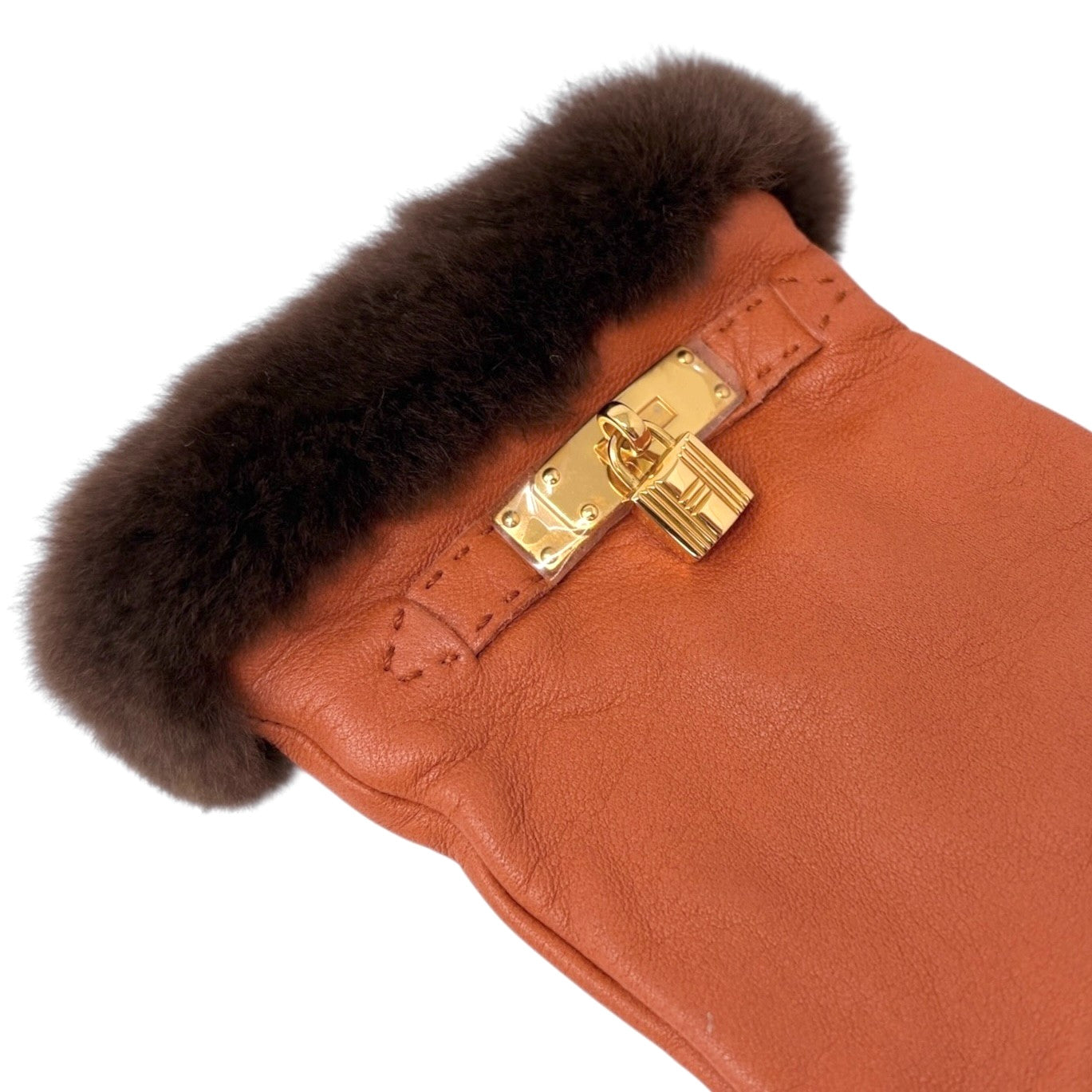 HERMES Vintage H Logo Kelly Gloves Accessory Padlock Charm #7 Orange Leather
