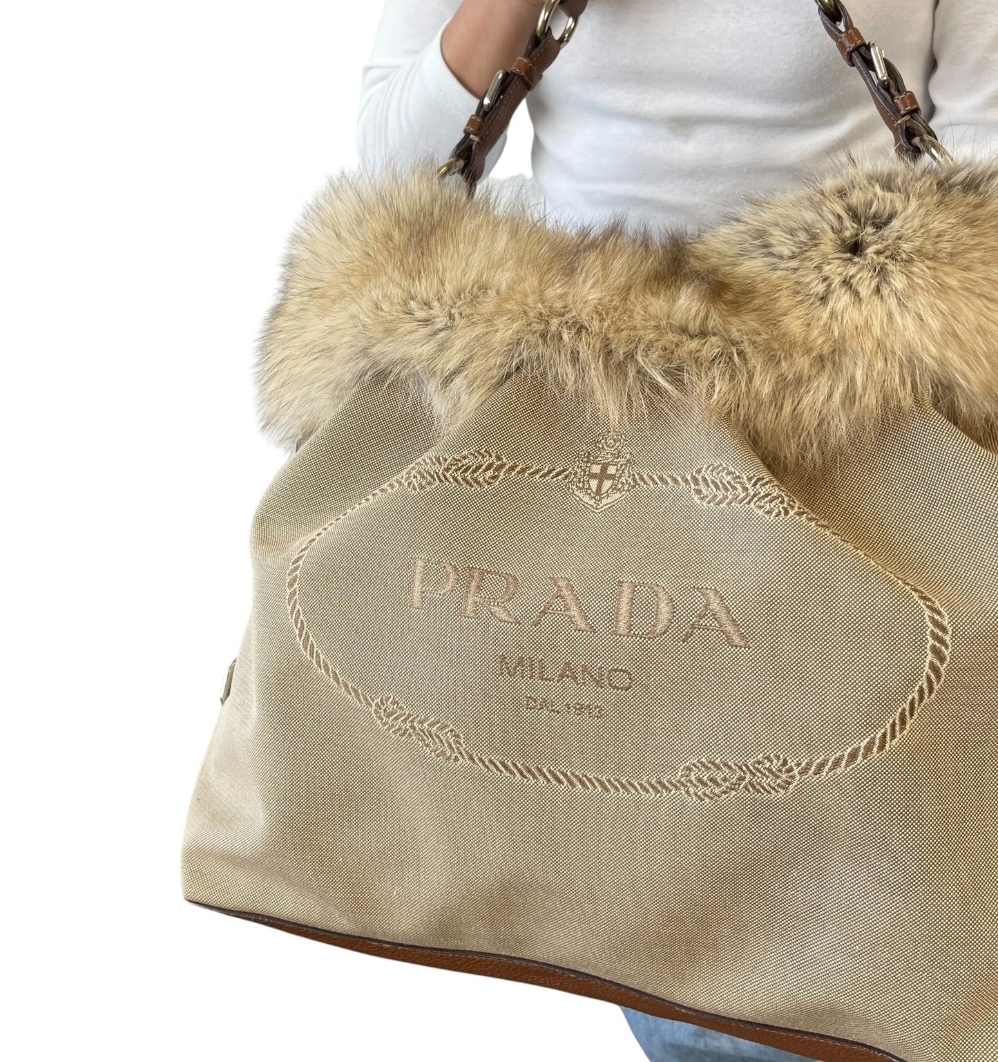 PRADA Vintage Logo Jacquard Fur Trim Canvas Shoulder Tote Bag Beige Brown