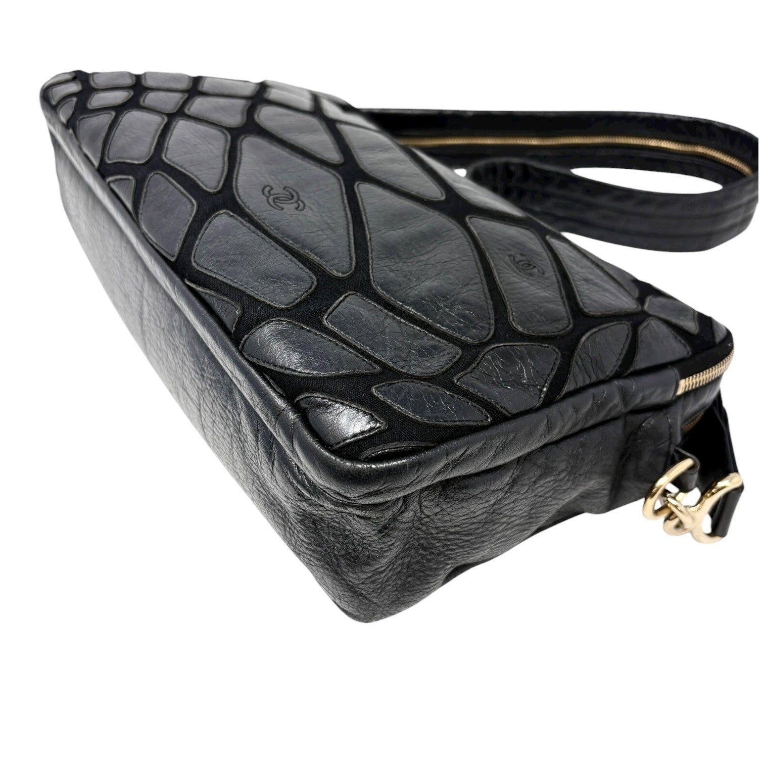 CHANEL Vintage CC Logo Crossbody Bag Lambskin Jersey Scales Leather Black Gold