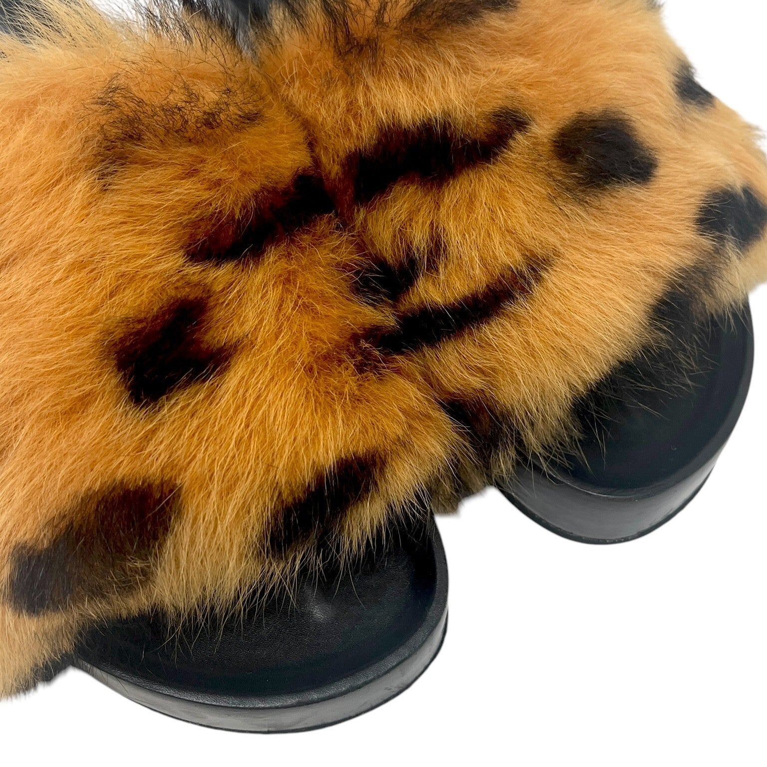 CELINE Vintage Logo Animal Print Faux Fur Sandals #37-37.5 Black Orange