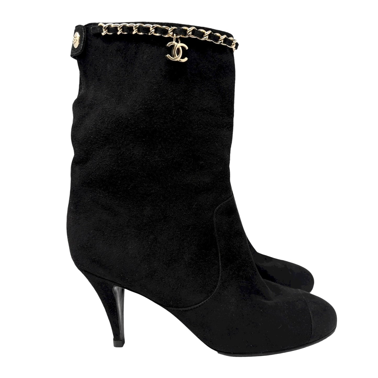 CHANEL Vintage CC Logo Charm Button Ankle Suede Boots Heels #39 Black Gold