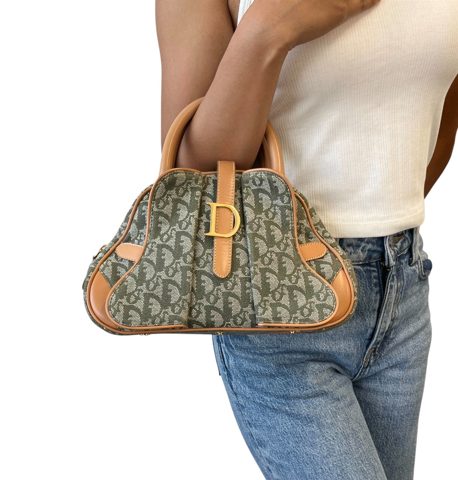 Christian Dior Vintage 2001 Logo Trotter Double Saddle Bag Green Beige Cotton