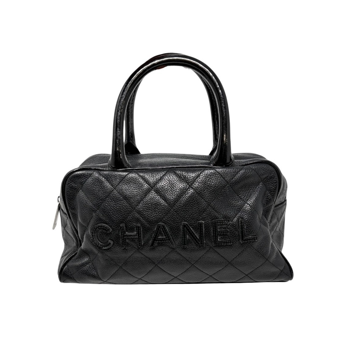 CHANEL Vintage CC Big Logo Quilted Leather Mini Bowling Boston Bag Black Silver