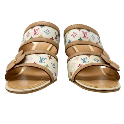 LOUIS VUITTON Vintage Monogram Multicolor Heels Sandals #37.5 White Murakami