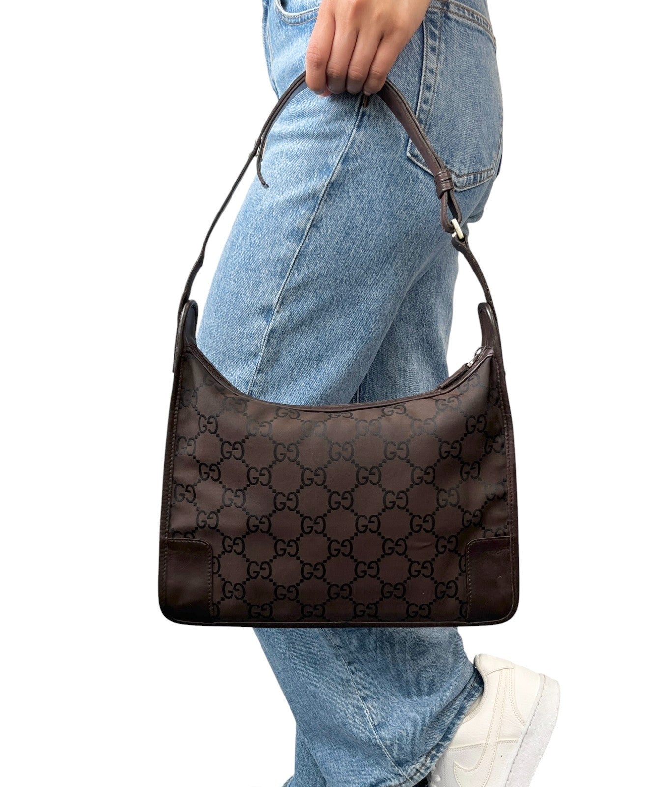 GUCCI Vintage GG Monogram Hobo Shoulder Bag Brown Nylon Leather 902271