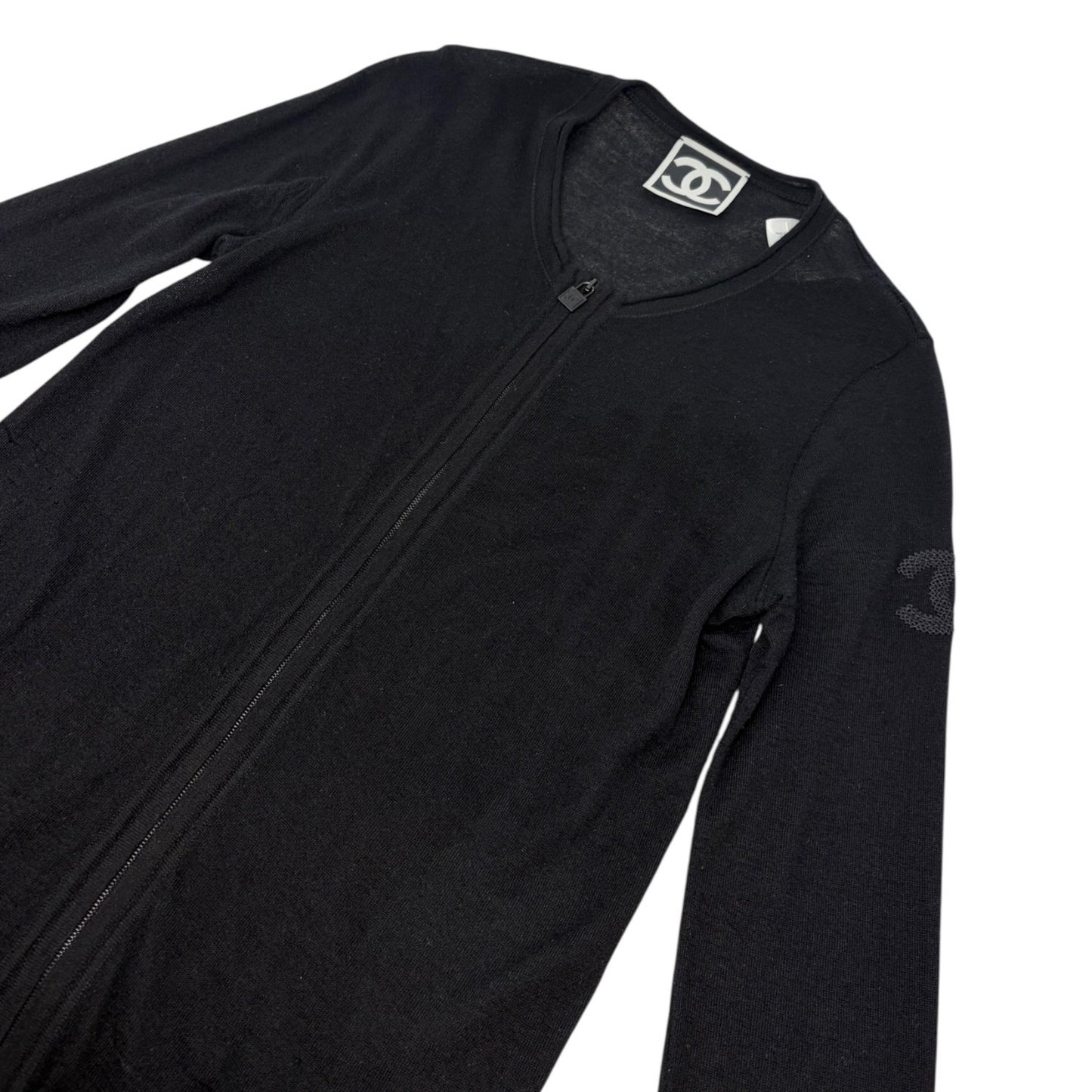 CHANEL Sport Vintage 09A CC Logo Cashmere Zipped Jacket #34 Sequins Black
