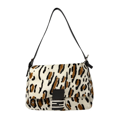 FENDI Vintage FF Leopard Mamma Baguette Bag Pony Calf Hair Ivory Brown 902818