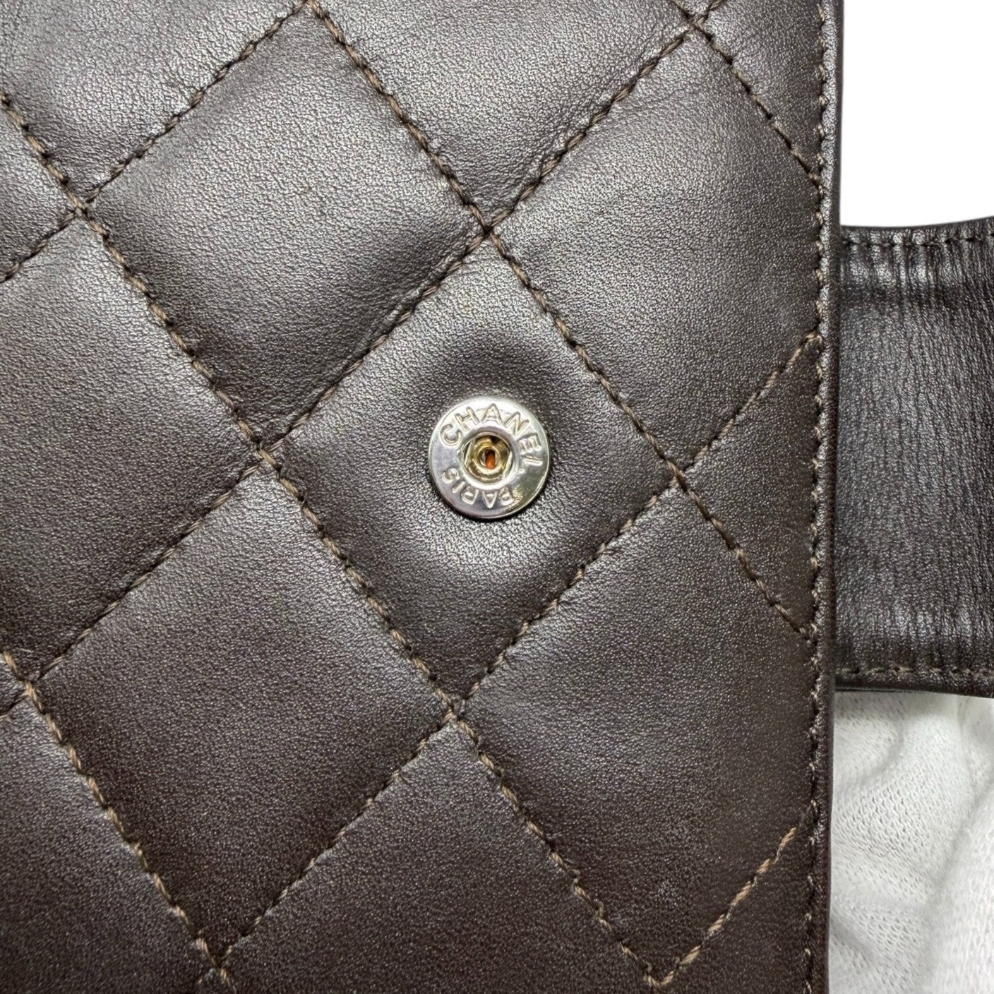 CHANEL Vintage Cambon Line CC Logo Quilted Wallet Brown Silver Leather 901981